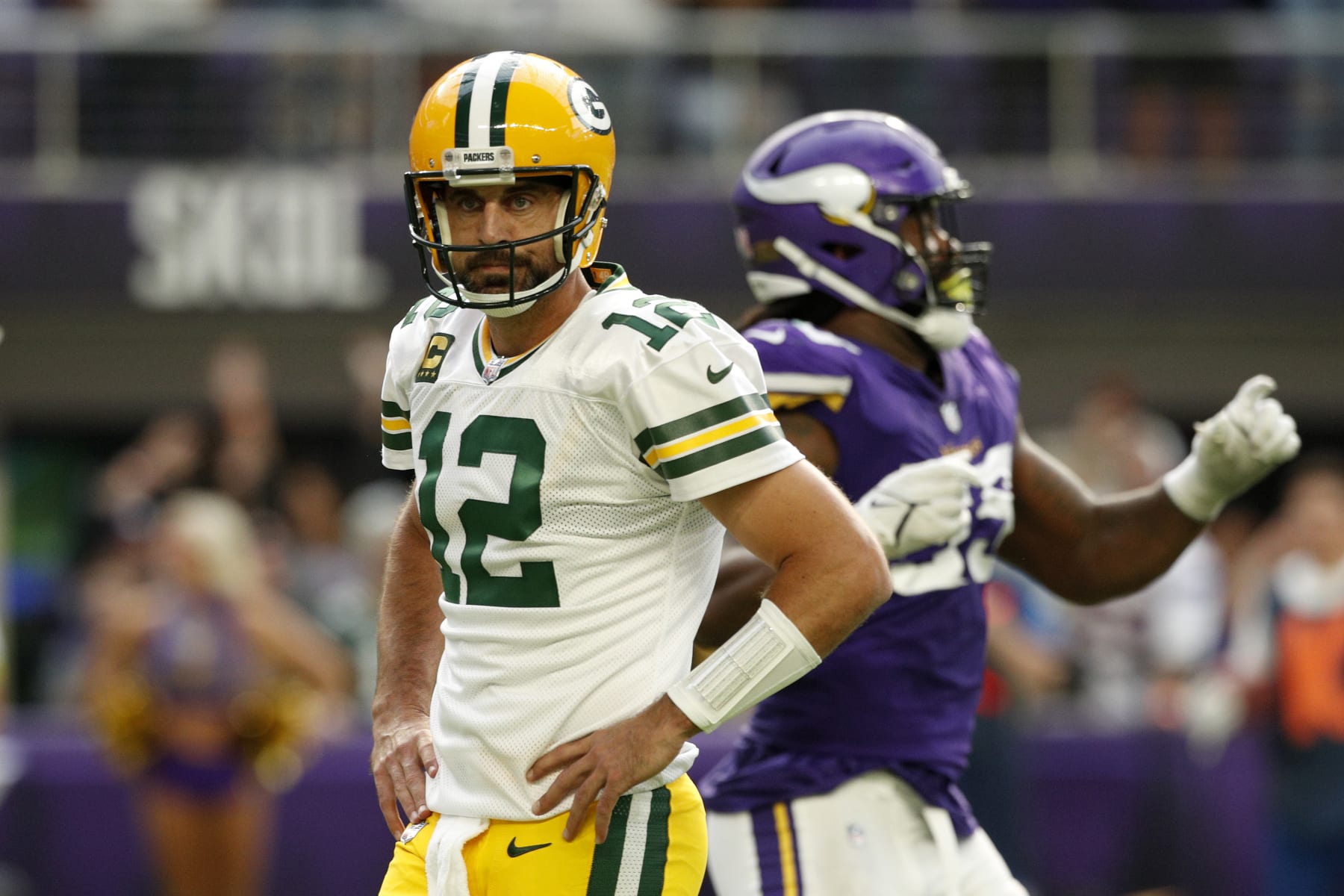 MINNEAPOLIS, MINNESOTA - SEPTEMBER 11: Aaron Rodgers #12 of the Green Bay Packers looks on during the second quarter in the game against the Minnesota Vikings at U.S. Bank Stadium on September 11, 2022 in Minneapolis, Minnesota. (Photo by David Berding/Getty Images)