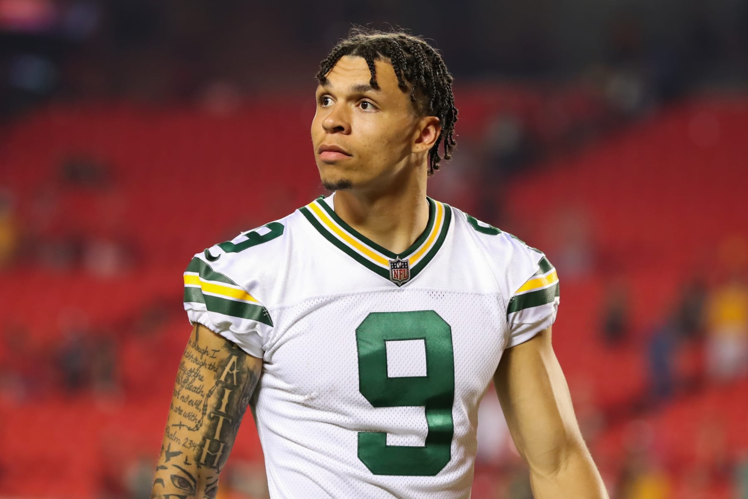 KANSAS CITY, MO - AUGUST 25: Green Bay Packers wide receiver Christian Watson (9) after an NFL preseason game between the Green Bay Packers and Kansas City Chiefs on August 25, 2022 at GEHA Field at Arrowhead Stadium in Kansas City, MO. (Photo by Scott Winters/Icon Sportswire via Getty Images) KANSAS CITY, MO - AUGUST 25: Green Bay Packers wide receiver Christian Watson (9) after an NFL preseason game between the Green Bay Packers and Kansas City Chiefs on August 25, 2022 at GEHA Field at Arrowhead Stadium in Kansas City, MO. (Photo by Scott Winters/Icon Sportswire via Getty Images)