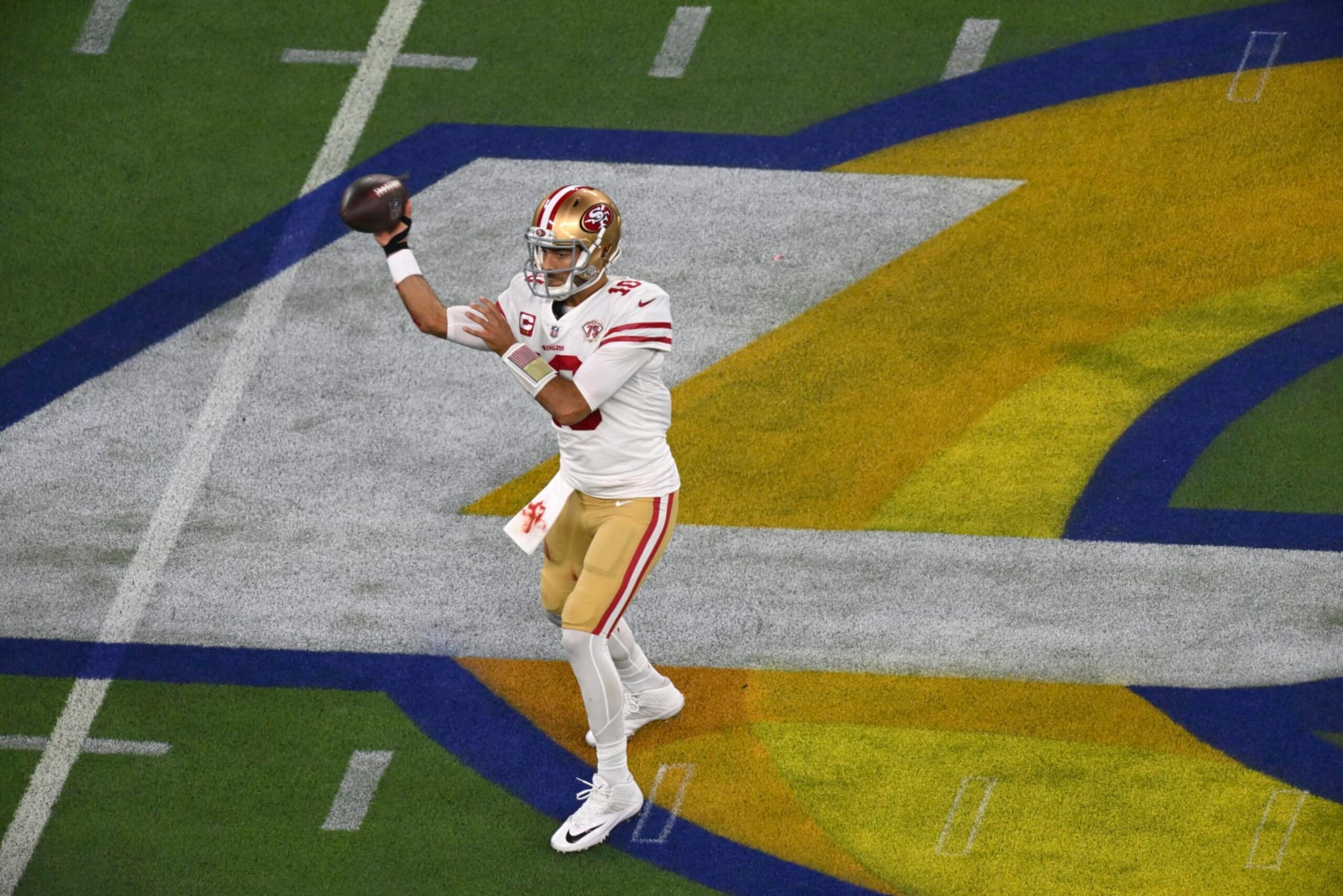 Football: NFC Championship: San Francisco 49ers QB Jimmy Garoppolo (10) in action, passing vs Los Angeles Rams at SoFi Stadium. Inglewood, CA 1/30/2022 CREDIT: John W. McDonough (Photo by John W. McDonough/Sports Illustrated via Getty Images) (Set Number: X163918 TK1)