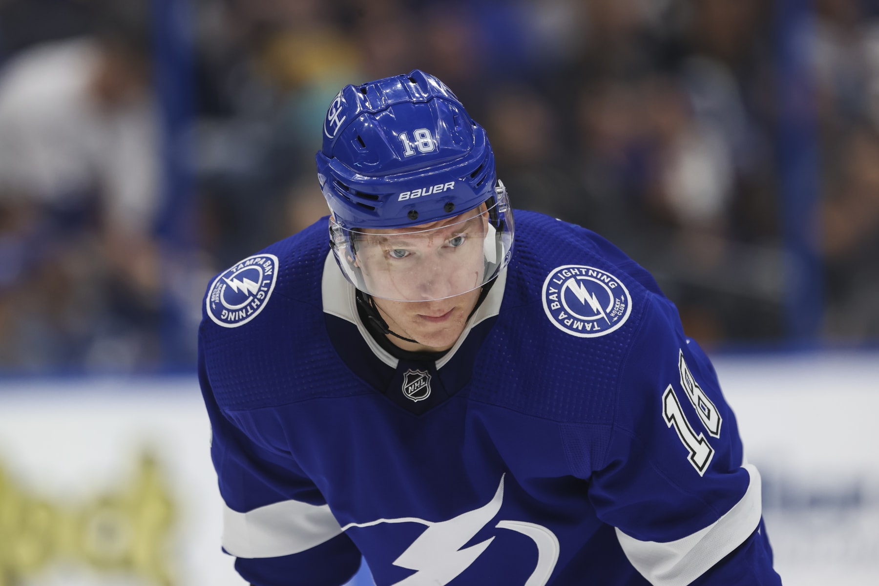 TAMPA, FL - JANUARY 27: Ondrej Palat #18 of the Tampa Bay Lightning against the New Jersey Devils at Amalie Arena on January 27, 2022 in Tampa, Florida. (Photo by Mark LoMoglio/NHLI via Getty Images)