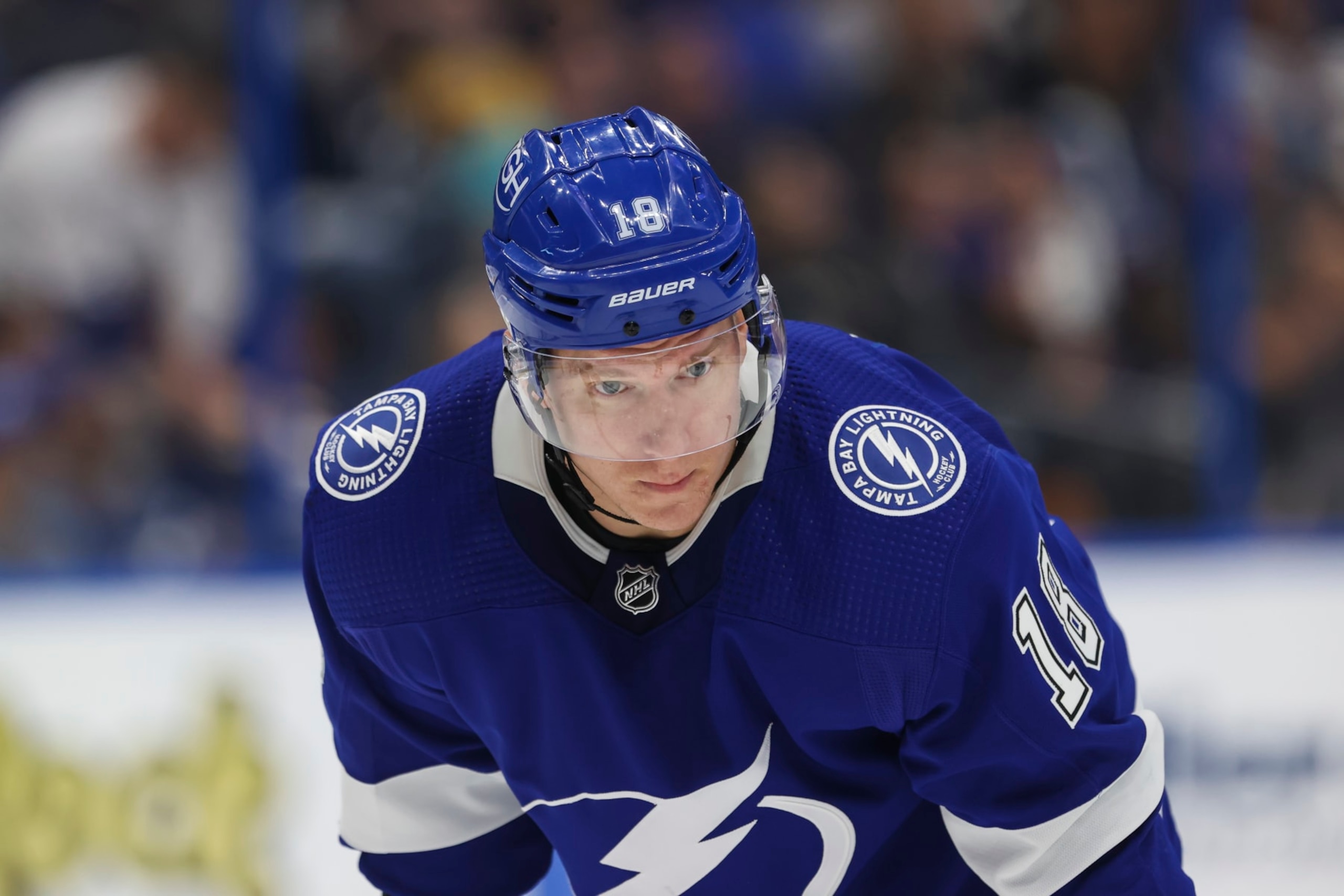 TAMPA, FL - JANUARY 27: Ondrej Palat #18 of the Tampa Bay Lightning against the New Jersey Devils at Amalie Arena on January 27, 2022 in Tampa, Florida. (Photo by Mark LoMoglio/NHLI via Getty Images)