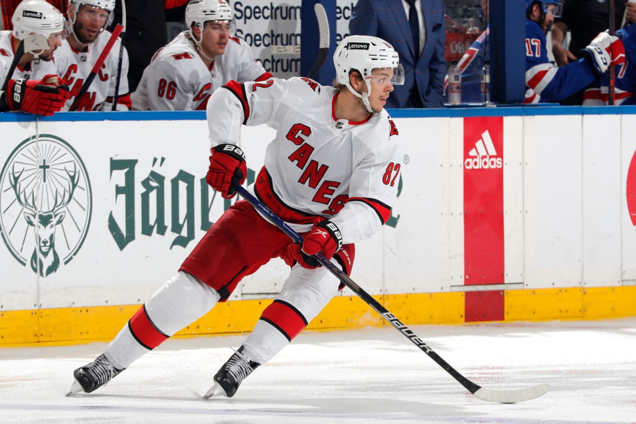 NEW YORK, NY - MAY 22:  Jesperi Kotkaniemi #82 of the Carolina Hurricanes skates against the New York Rangers in Game Three of the Second Round of the 2022 Stanley Cup Playoffs at Madison Square Garden on May 22, 2022 in New York City. (Photo by Jared Silber/NHLI via Getty Images)