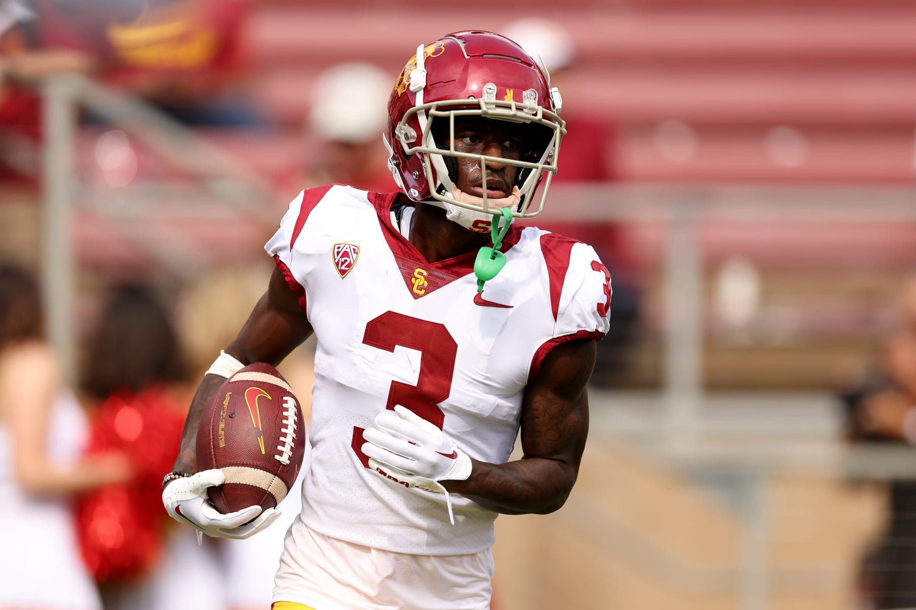 STANFORD, CALIFORNIA - SEPTEMBER 10: Jordan Addison #3 of the USC Trojans warms up before their game against the Stanford Cardinal at Stanford Stadium on September 10, 2022 in Stanford, California. (Photo by Ezra Shaw/Getty Images)