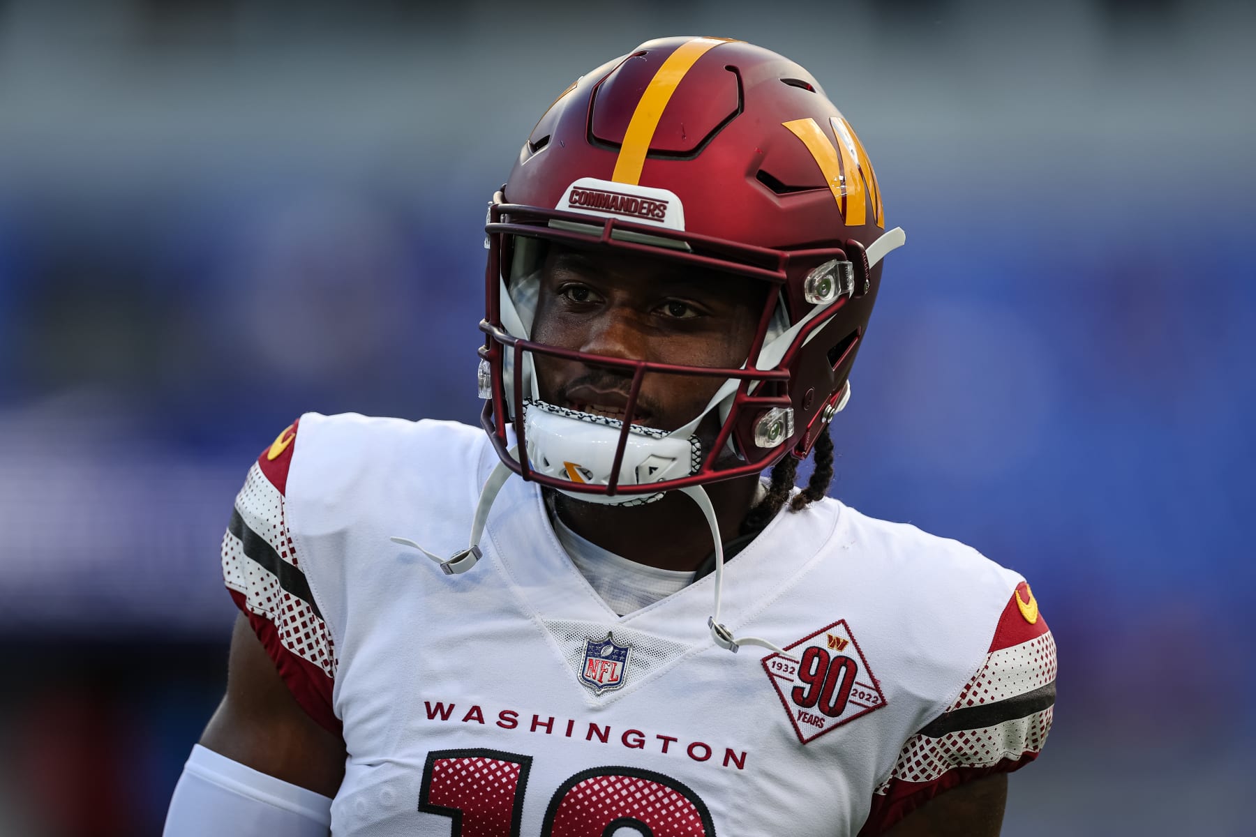 BALTIMORE, MD - AUGUST 27: Curtis Samuel #10 of the Washington Commanders warms up before the preseason game against the Baltimore Ravens at M&T Bank Stadium on August 27, 2022 in Baltimore, Maryland. (Photo by Scott Taetsch/Getty Images)