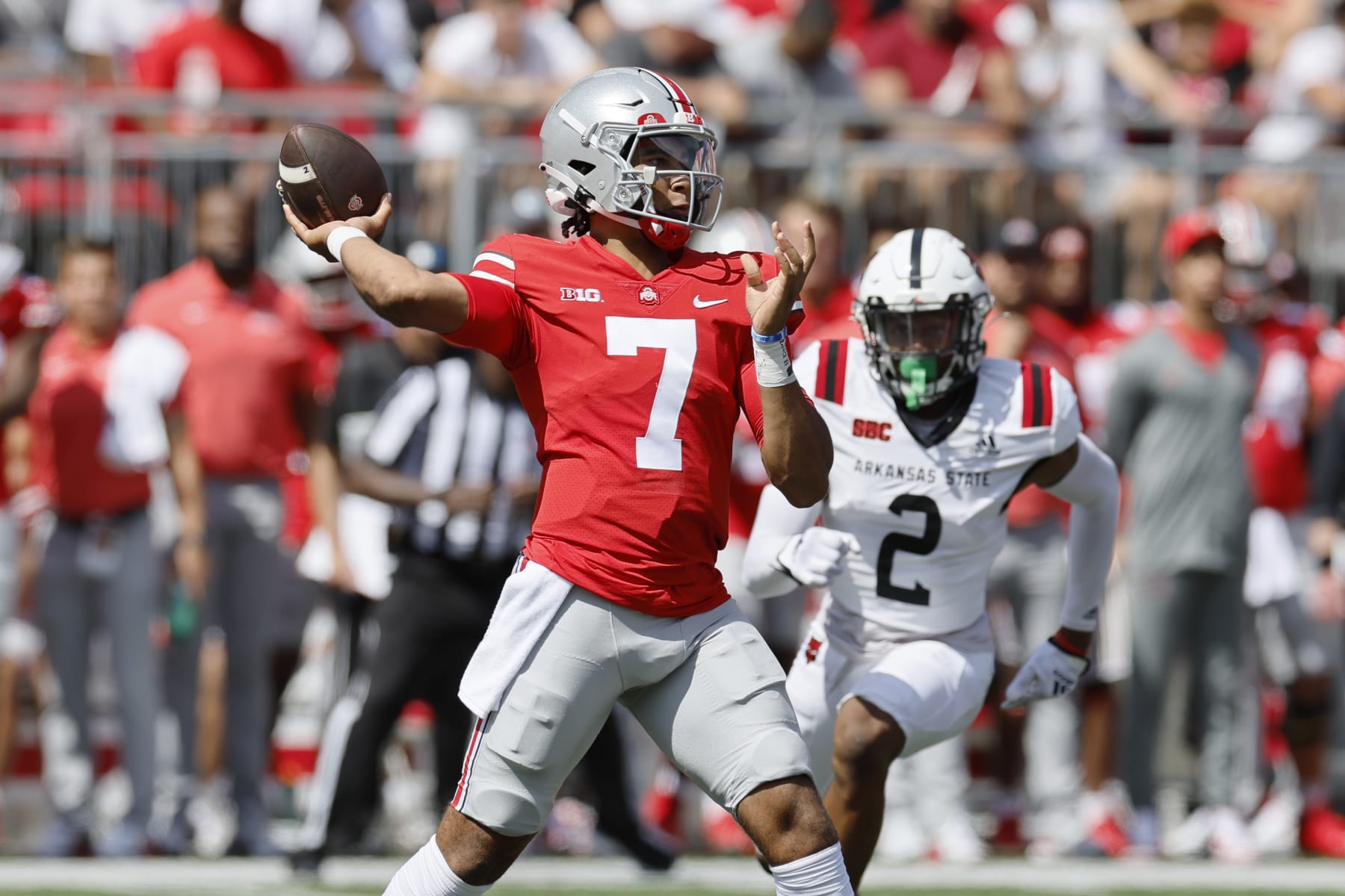 Ohio State quarterback C.J. Stroud plays against Arkansas State during an NCAA college football game Saturday, Sept. 10, 2022, in Columbus, Ohio. (AP Photo/Jay LaPrete)