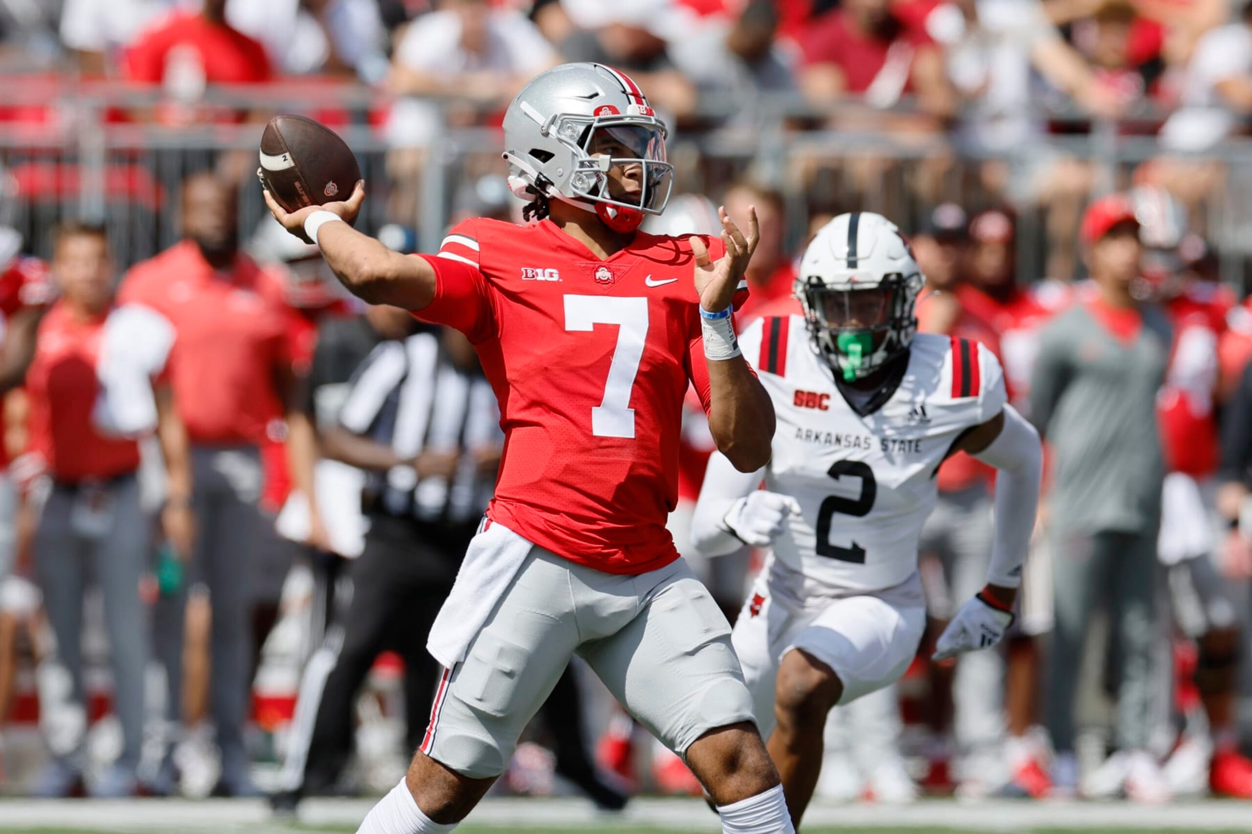 Ohio State quarterback C.J. Stroud plays against Arkansas State during an NCAA college football game Saturday, Sept. 10, 2022, in Columbus, Ohio. (AP Photo/Jay LaPrete)