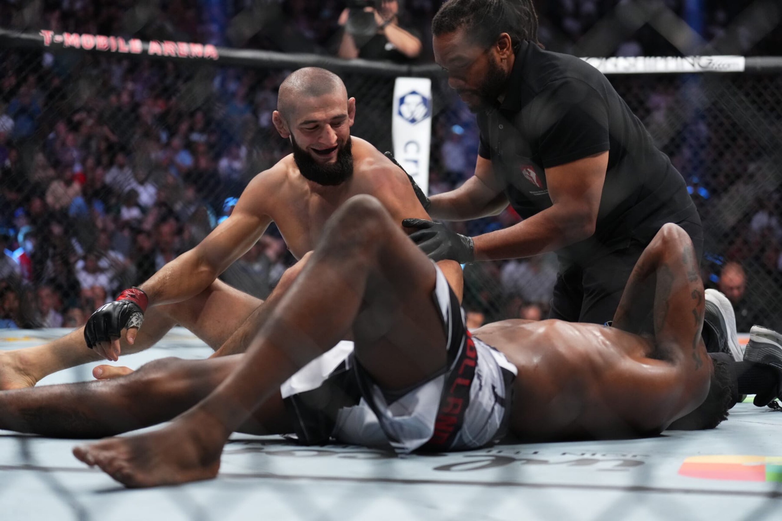 LAS VEGAS, NEVADA - SEPTEMBER 10: (L-R) Khamzat Chimaev of Russia reacts after his submission victory over Kevin Holland in a 180-pound catchweight fight during the UFC 279 event at T-Mobile Arena on September 10, 2022 in Las Vegas, Nevada. (Photo by Chris Unger/Zuffa LLC)