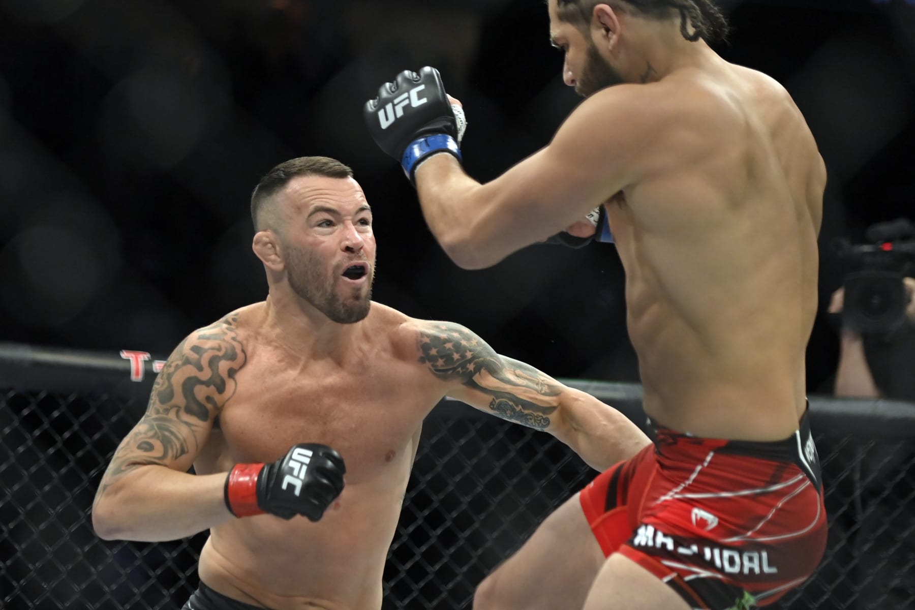 LAS VEGAS, NEVADA - MARCH 05: Colby Covington (L) and Jorge Masvidal battle in their welterweight fight during UFC 272 at T-Mobile Arena on March 05, 2022 in Las Vegas, Nevada. (Photo by David Becker/Getty Images)