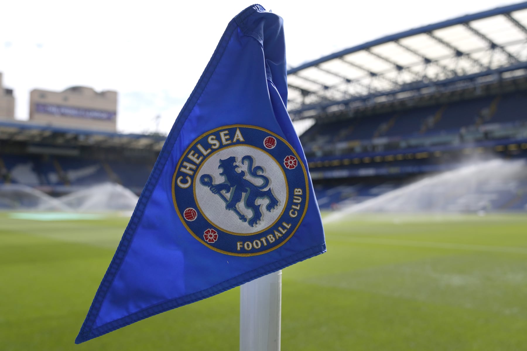 The corner flag with the Chelsea Football club logo is seen before the English Premier League soccer match between Chelsea and Watford at Stamford Bridge stadium in London, Sunday, May 22, 2022.(AP Photo/Alastair Grant)