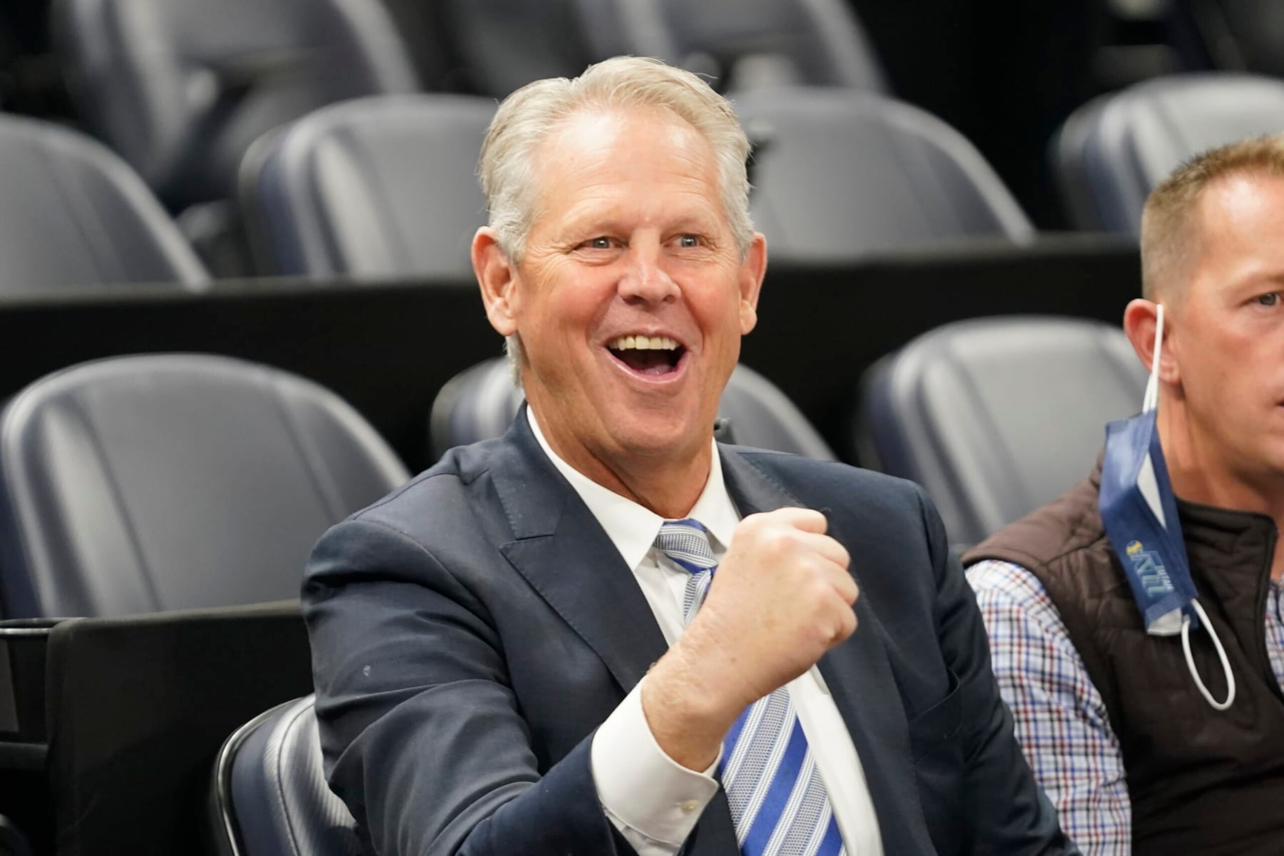 Danny Ainge reacts while he looks on as he arrives prior to their game between the Los Clippers after being appointed Alternate Governor and CEO of Utah Jazz Basketball during an NBA basketball game Wednesday, Dec. 15, 2021, in Salt Lake City. (AP Photo/Rick Bowmer)