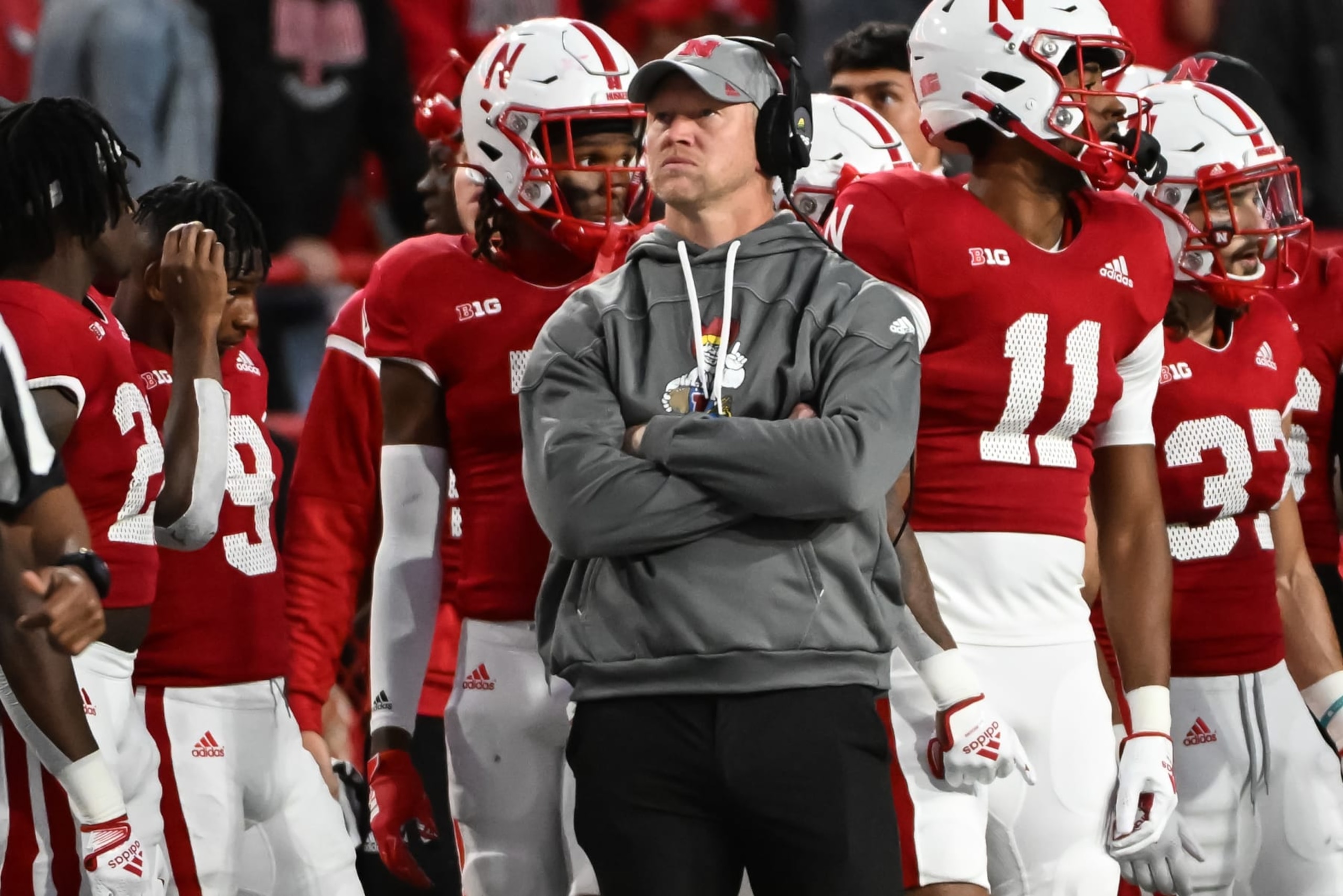 LINCOLN, NE - SEPTEMBER 10: Head coach Scott Frost of the Nebraska Cornhuskers looks at the scoreboard in the game against the Georgia Southern Eagles in the second quarter  at Memorial Stadium on September 10, 2022 in Lincoln, Nebraska. (Photo by Steven Branscombe/Getty Images)