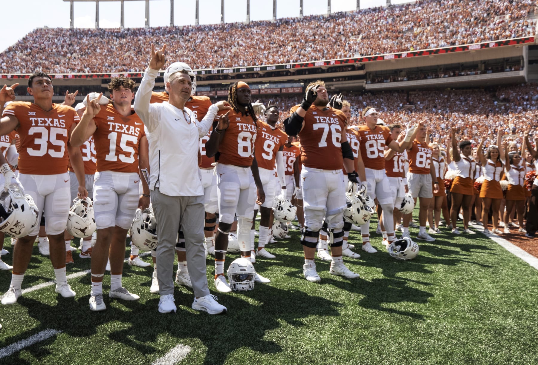 Texas head coach Steve Sarkisian sings the Eyes of Texas school song with his players after an NCAA college football game, Saturday, Sept. 10, 2022, in Austin, Texas. Alabama won 20-19. (AP Photo/Michael Thomas)