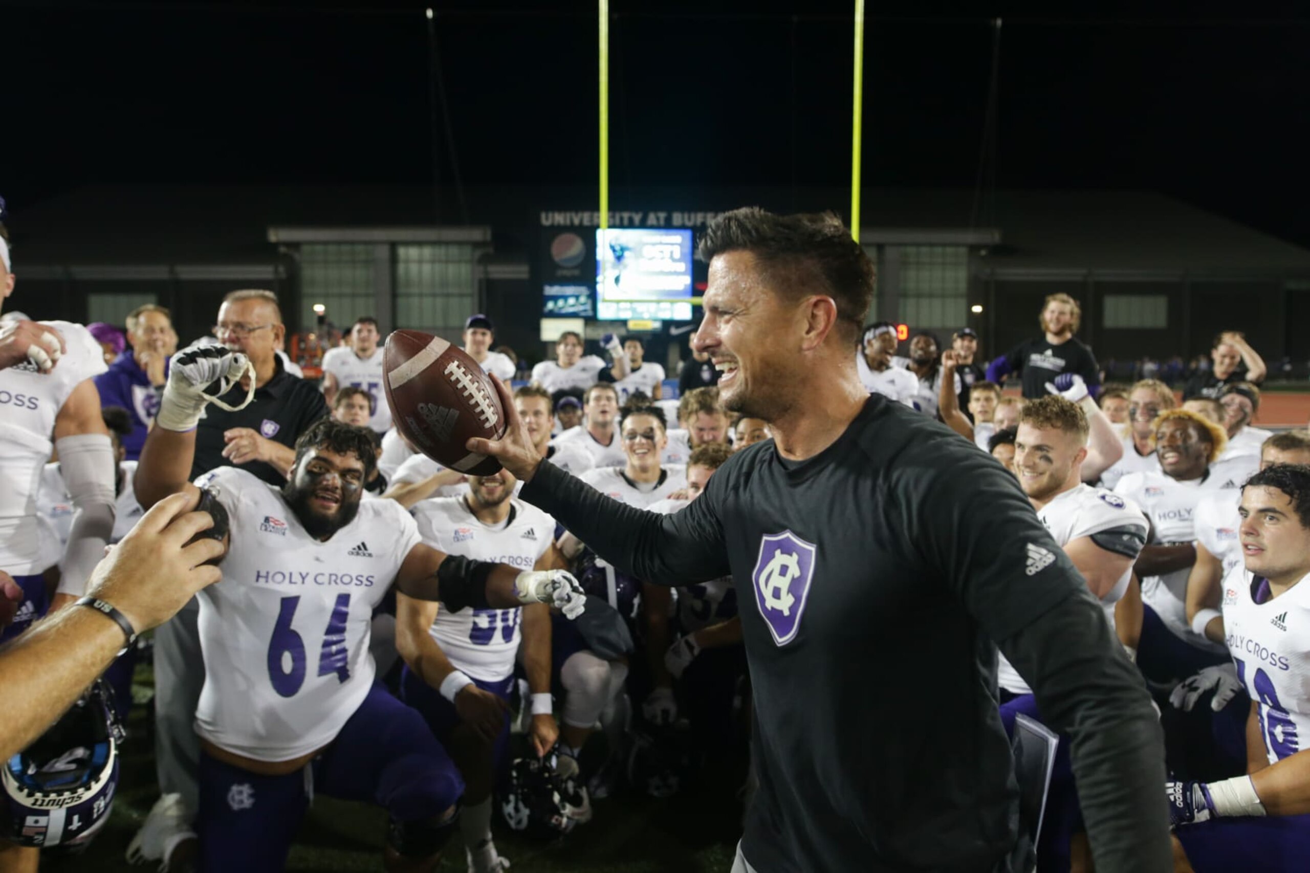 AMHERST, NY - SEPTEMBER 10: Holy Cross Crusaders head coach Bob Chesney speaks with players after a college football game between the Holy Cross Crusaders and the Buffalo Bulls on September 10, 2022, at UB Stadium in Amherst, NY. (Photo by Joshua Bessex/Icon Sportswire via Getty Images)