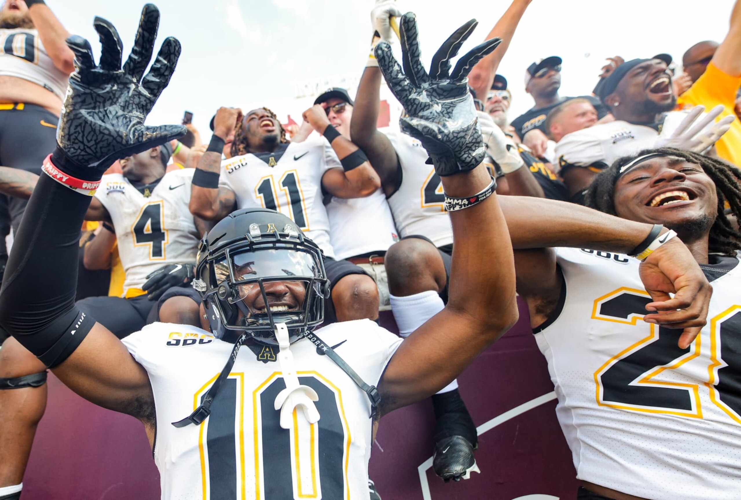 COLLEGE STATION, TEXAS - SEPTEMBER 10: DJ VanHook #10 of the Appalachian State Mountaineers  celebrates defeating the Texas A&M Aggies at Kyle Field on September 10, 2022 in College Station, Texas. (Photo by Carmen Mandato/Getty Images)