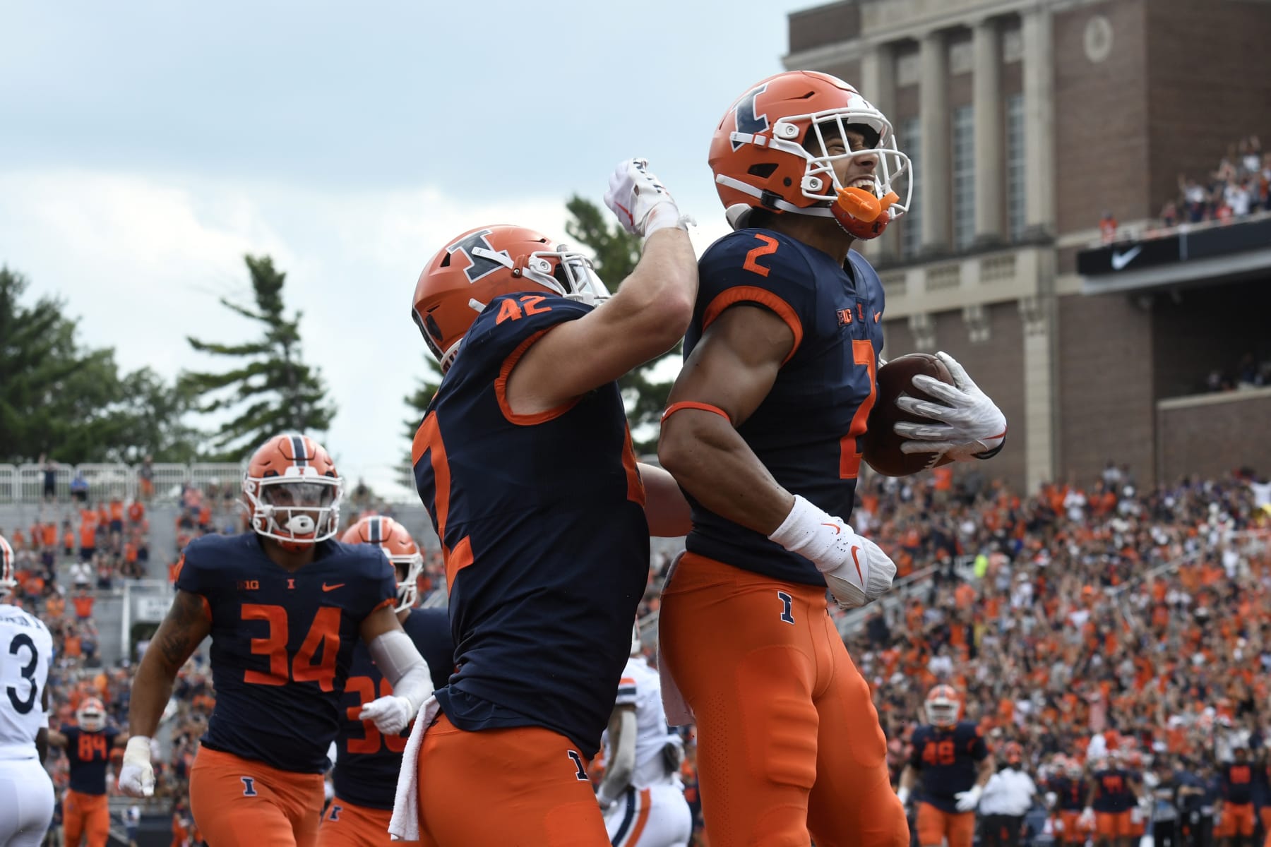 CHAMPAIGN, IL - SEPTEMBER 10: Illinois Fighting Illini defensive back Matthew Bailey (2) celebrates after jumping on a loose ball in the end zone during the college football game between the Virginia Cavaliers and the Illinois Fighting Illini on September 10, 2022, at Memorial Stadium in Champaign, Illinois. (Photo by Michael Allio/Icon Sportswire via Getty Images)