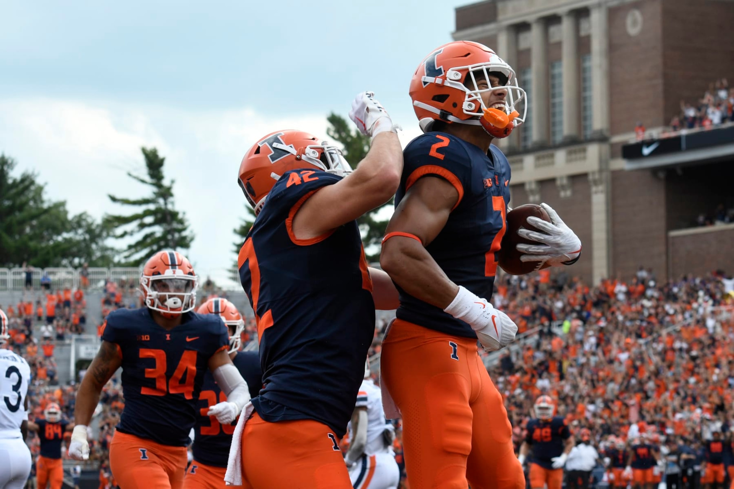 CHAMPAIGN, IL - SEPTEMBER 10: Illinois Fighting Illini defensive back Matthew Bailey (2) celebrates after jumping on a loose ball in the end zone during the college football game between the Virginia Cavaliers and the Illinois Fighting Illini on September 10, 2022, at Memorial Stadium in Champaign, Illinois. (Photo by Michael Allio/Icon Sportswire via Getty Images)