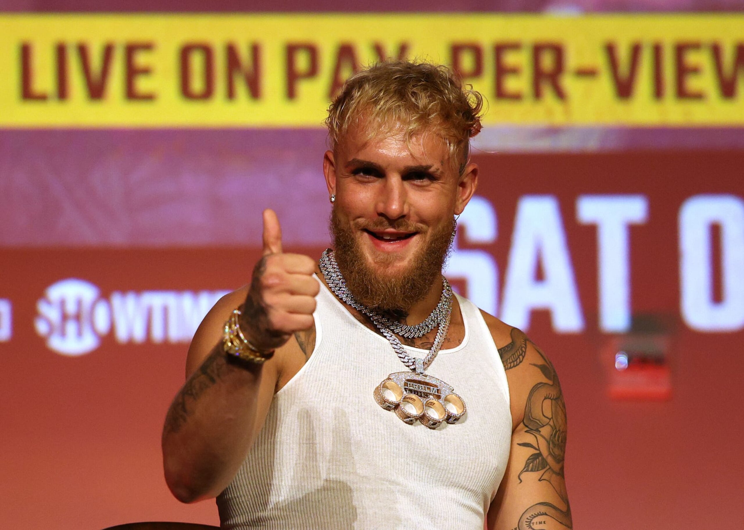 HOLLYWOOD, CALIFORNIA - SEPTEMBER 12: Jake Paul reacts during a Jake Paul v Anderson Silva press conference at NeueHouse Hollywood on September 12, 2022 in Hollywood, California. (Photo by Harry How/Getty Images)