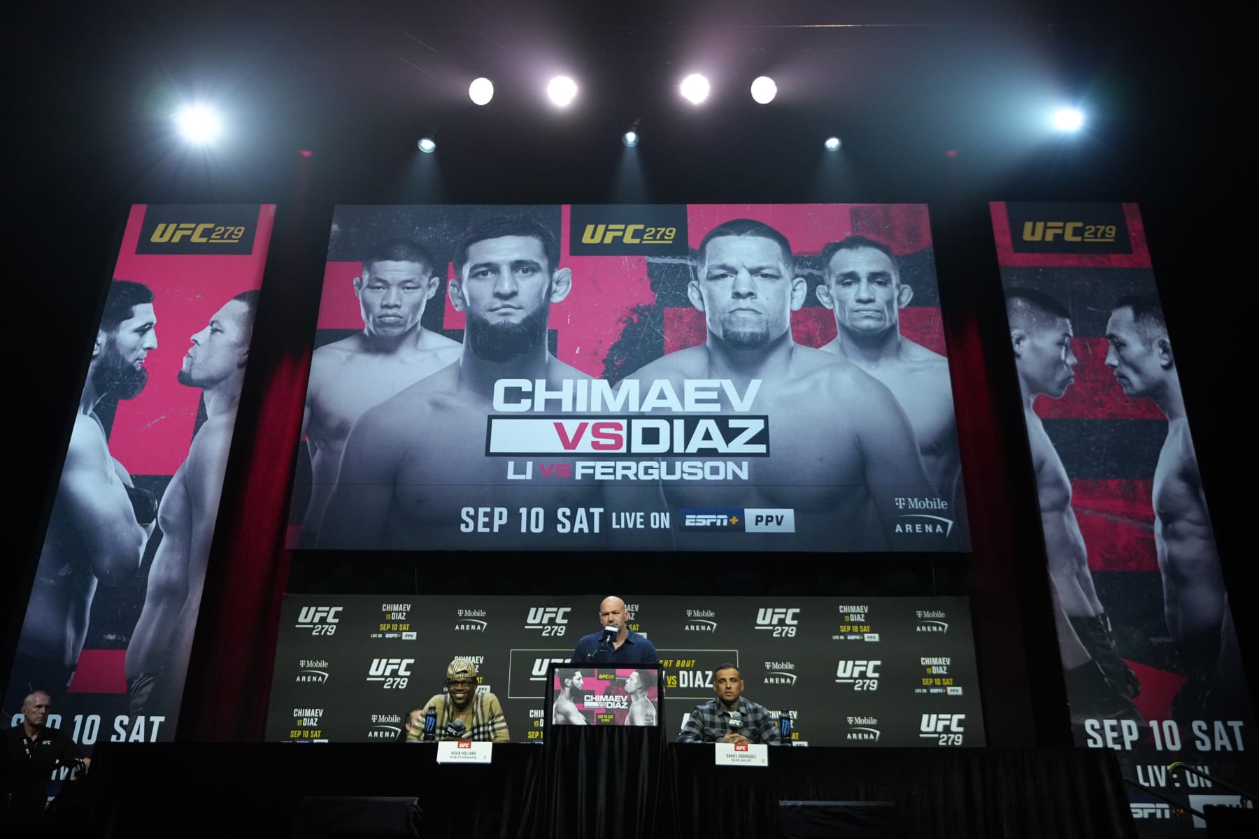 LAS VEGAS, NEVADA - SEPTEMBER 08: (L-R) Kevin Holland, UFC president Dana White, and Daniel Rodriguez are seen on stage during the UFC 279 press conference at MGM Grand Garden Arena on September 08, 2022 in Las Vegas, Nevada. (Photo by Jeff Bottari/Zuffa LLC)