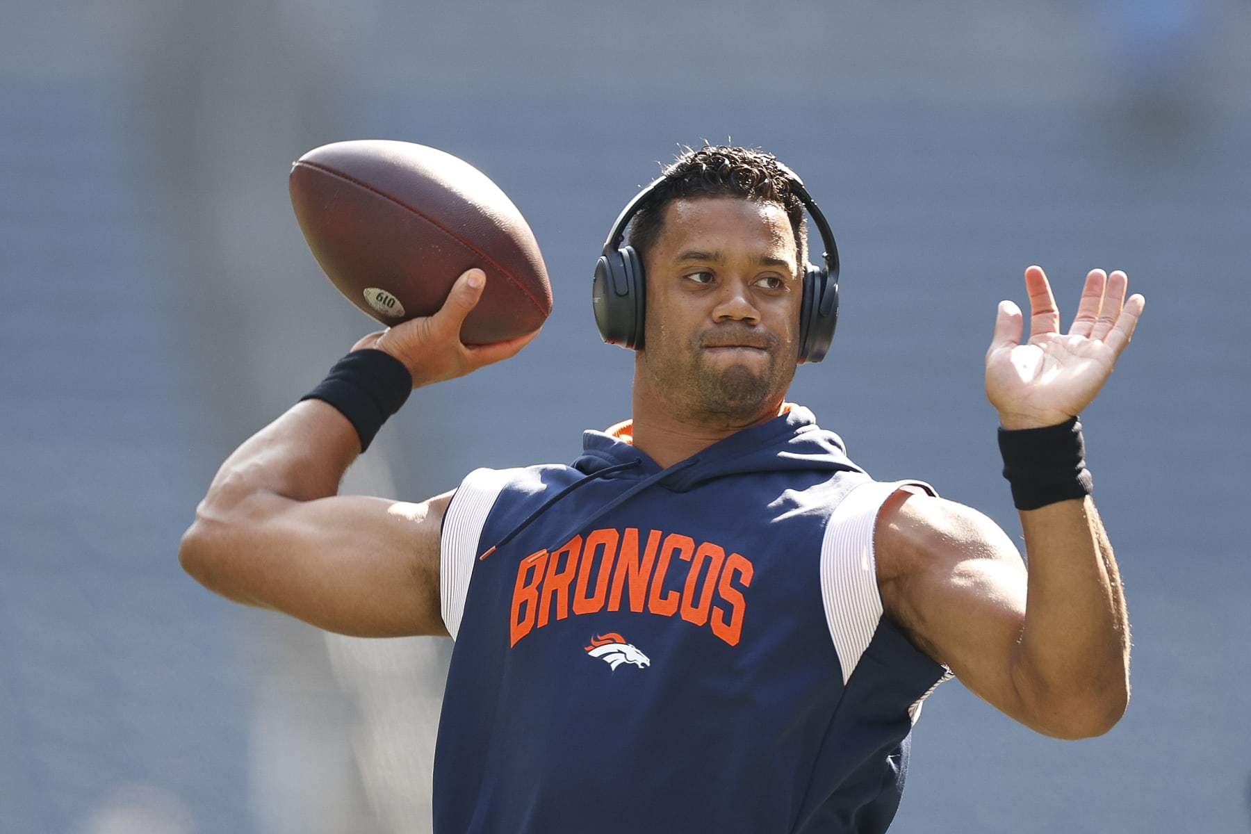 SEATTLE, WASHINGTON - SEPTEMBER 12: Russell Wilson #3 of the Denver Broncos warms up before playing against the Seattle Seahawks at Lumen Field on September 12, 2022 in Seattle, Washington. (Photo by Steph Chambers/Getty Images)