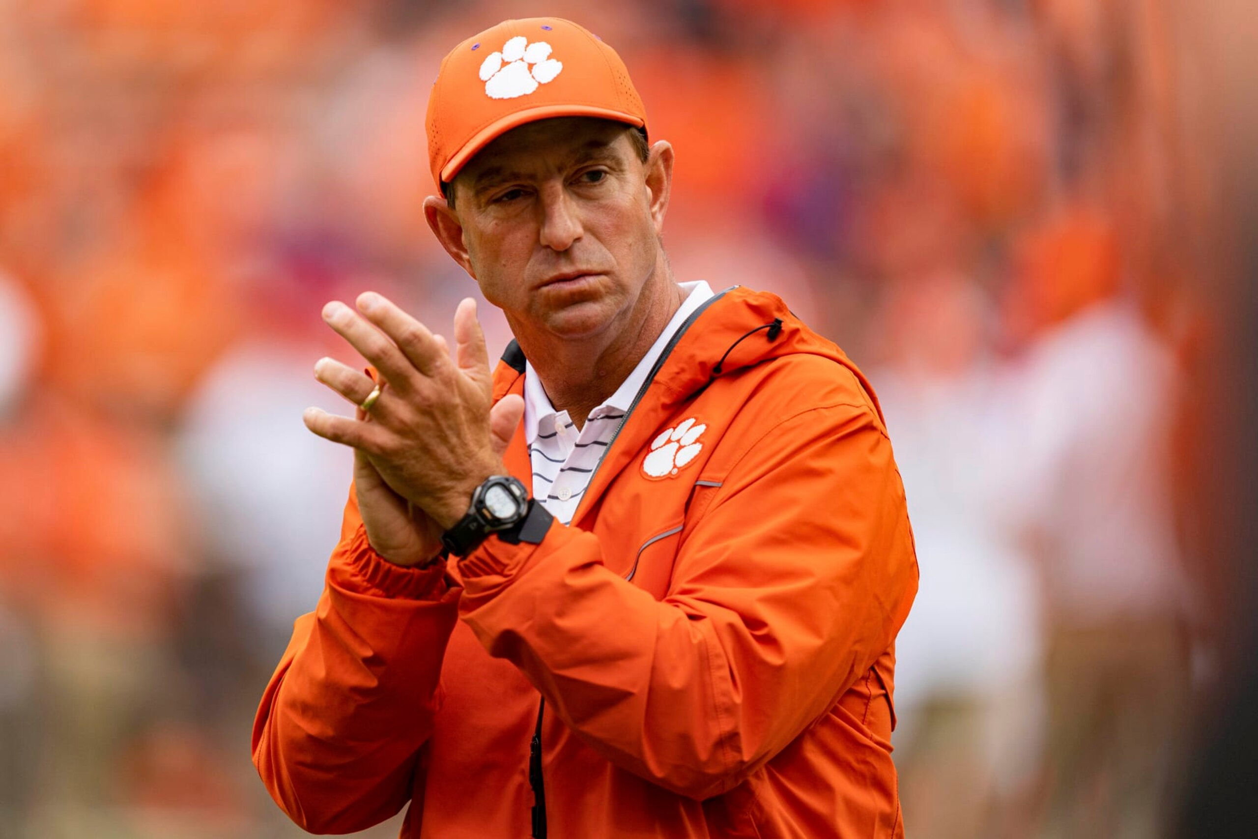 Clemson Tigers head coach Dabo Swinney looks on during warm ups before an NCAA college football game against the Furman Paladins in Clemson, S.C., Saturday, Sept. 10, 2022. (AP Photo/Jacob Kupferman)