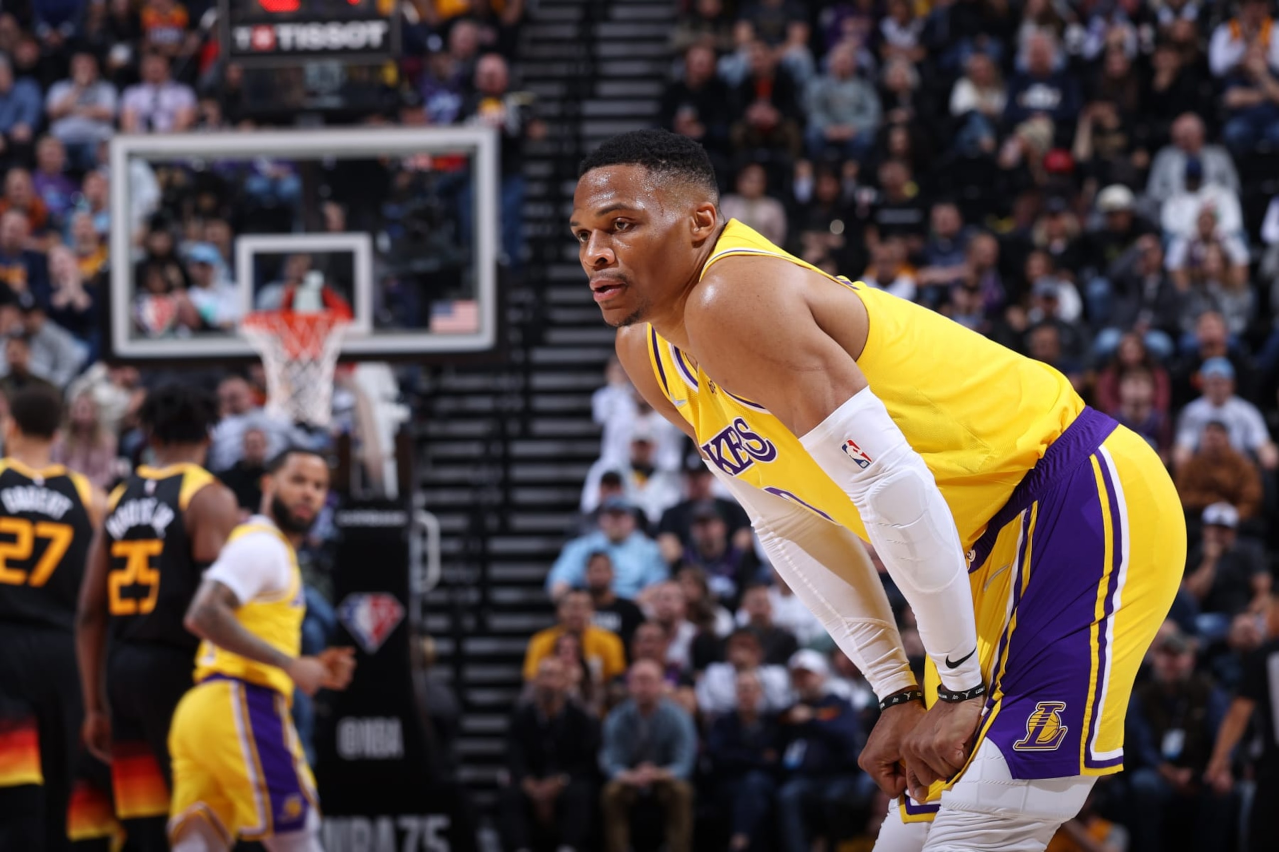 SALT LAKE CITY, UT - MARCH 31: Russell Westbrook #0 of the Los Angeles Lakers looks on during the game against the Utah Jazz on March 31, 2022 at vivint.SmartHome Arena in Salt Lake City, Utah. NOTE TO USER: User expressly acknowledges and agrees that, by downloading and or using this Photograph, User is consenting to the terms and conditions of the Getty Images License Agreement. Mandatory Copyright Notice: Copyright 2022 NBAE (Photo by Melissa Majchrzak/NBAE via Getty Images)