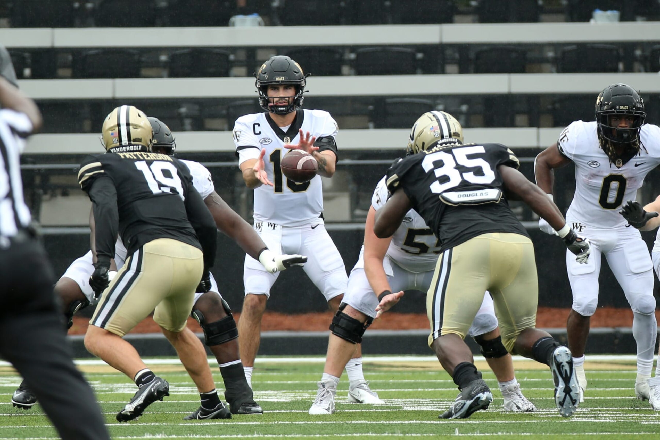 NASHVILLE, VA - SEPTEMBER 10: Wake Forest Demon Deacons quarterback Sam Hartman (10) catches a snap during a game between the Vanderbilt Commodores and Wake Forest Demon Deacons, September 10, 2022, at FirstBank Stadium in Nashville, Tennessee (Photo by Matthew Maxey/Icon Sportswire via Getty Images)