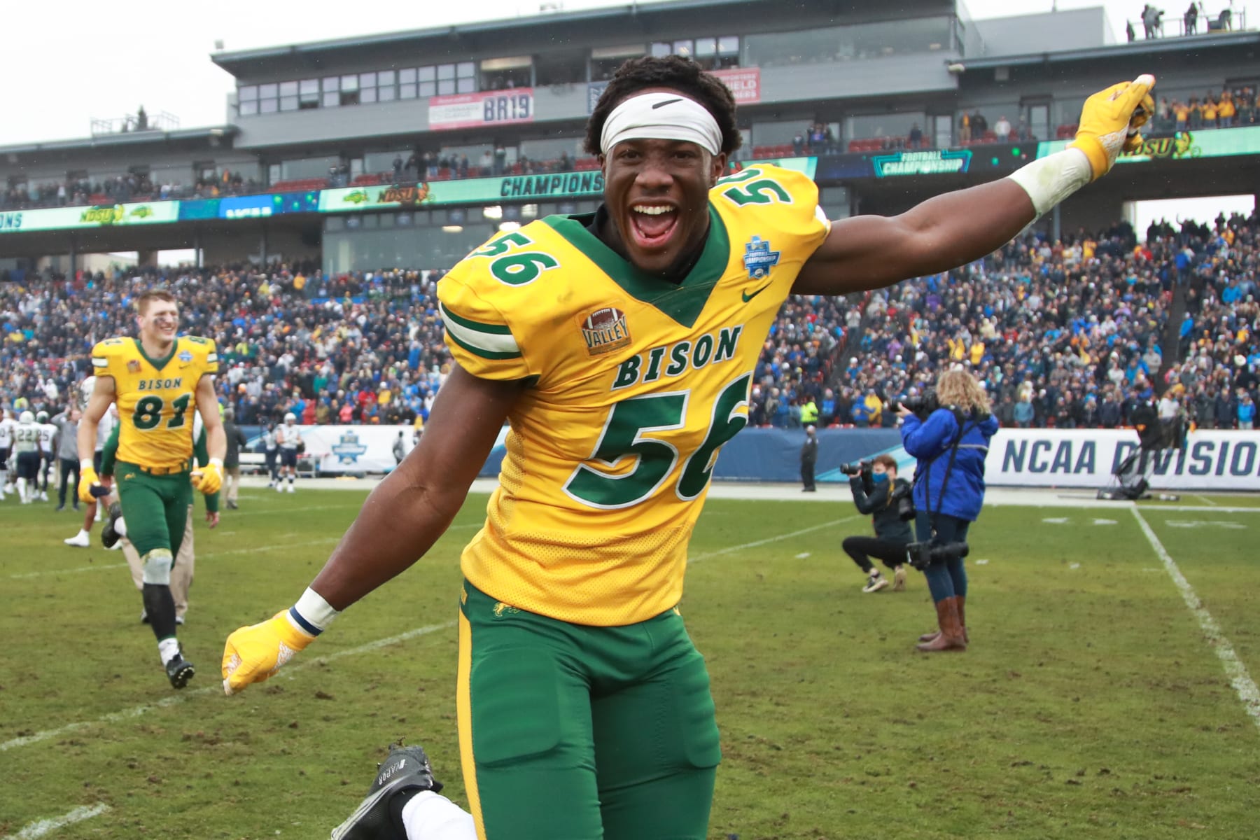FRISCO, TX - JANUARY 08: Loshiaka Roques #56 of the North Dakota State Bison celebrates after defeating the Montana State Bobcats to win the Division I FCS Football Championship held at Toyota Stadium on January 8, 2022 in Frisco, Texas. (Photo by Justin Tafoya/NCAA Photos via Getty Images)