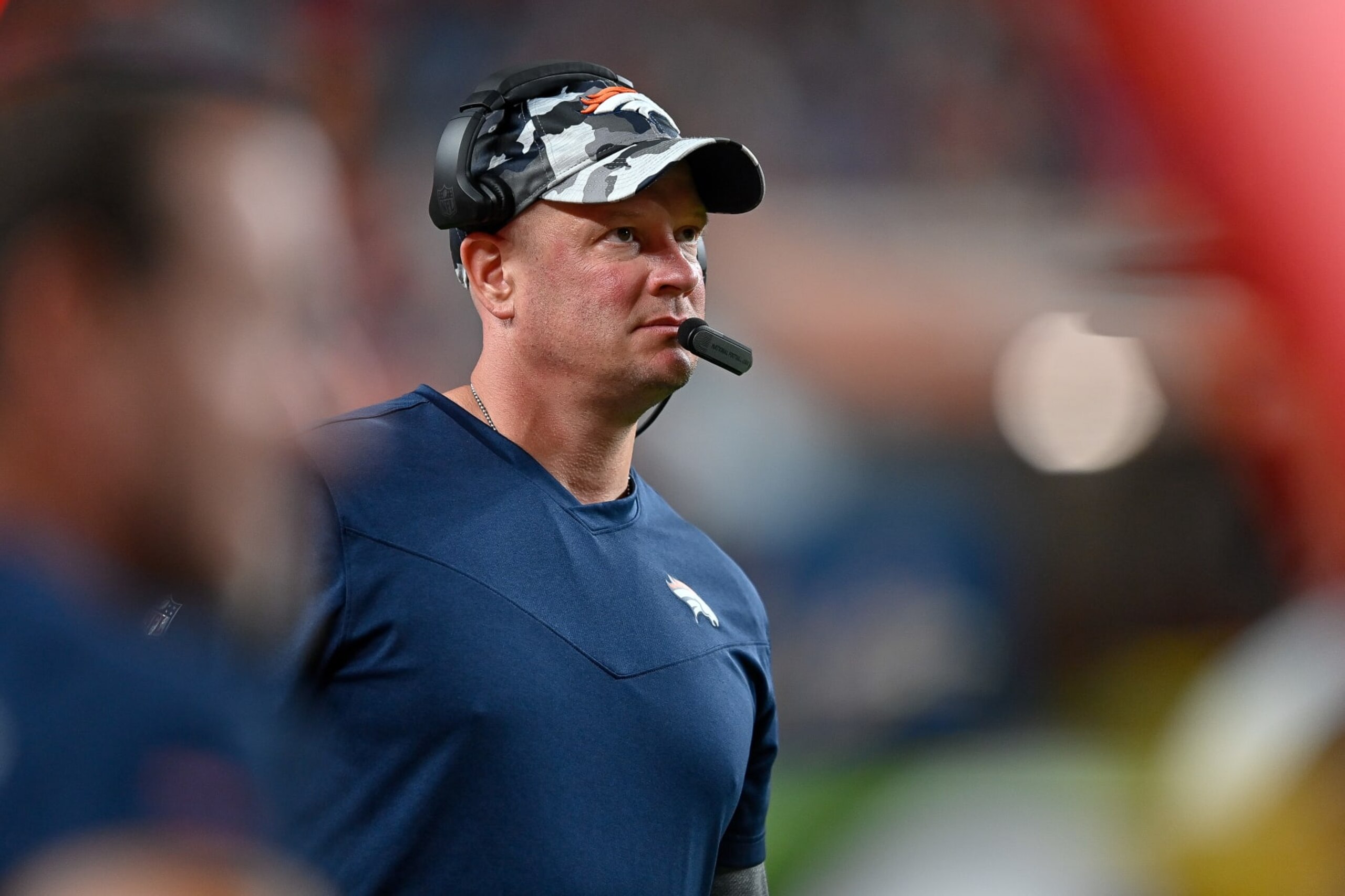DENVER, COLORADO - AUGUST 27:  Head coach Nathaniel Hackett of the Denver Broncos looks on in the fourth quarter of a preseason game against the Minnesota Vikings at Empower Field at Mile High on August 27, 2022 in Denver, Colorado. (Photo by Dustin Bradford/Getty Images)