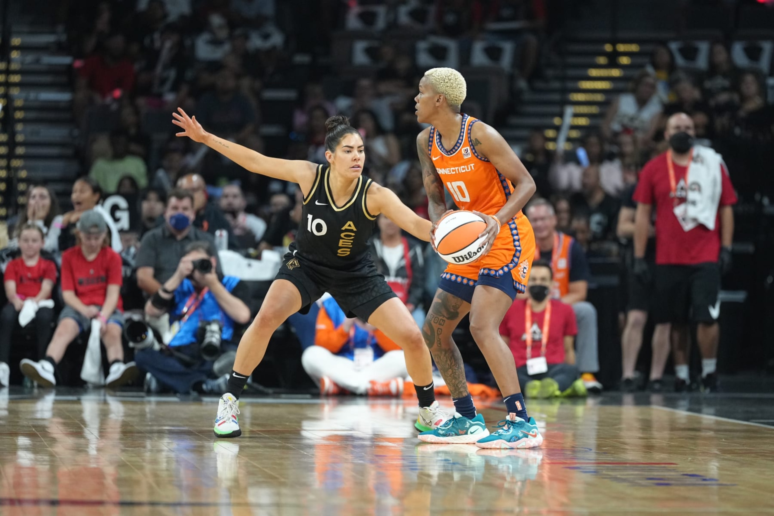 LAS VEGAS, NV - SEPTEMBER 11: Kelsey Plum #10 of the Las Vegas Aces plays defense during Game 1 of the 2022 WNBA Finals on September 11, 2022 at Michelob ULTRA Arena in Las Vegas, Nevada. NOTE TO USER: User expressly acknowledges and agrees that, by downloading and or using this photograph, User is consenting to the terms and conditions of the Getty Images License Agreement. Mandatory Copyright Notice: Copyright 2022 NBAE (Photo by Jeff Bottari/NBAE via Getty Images)