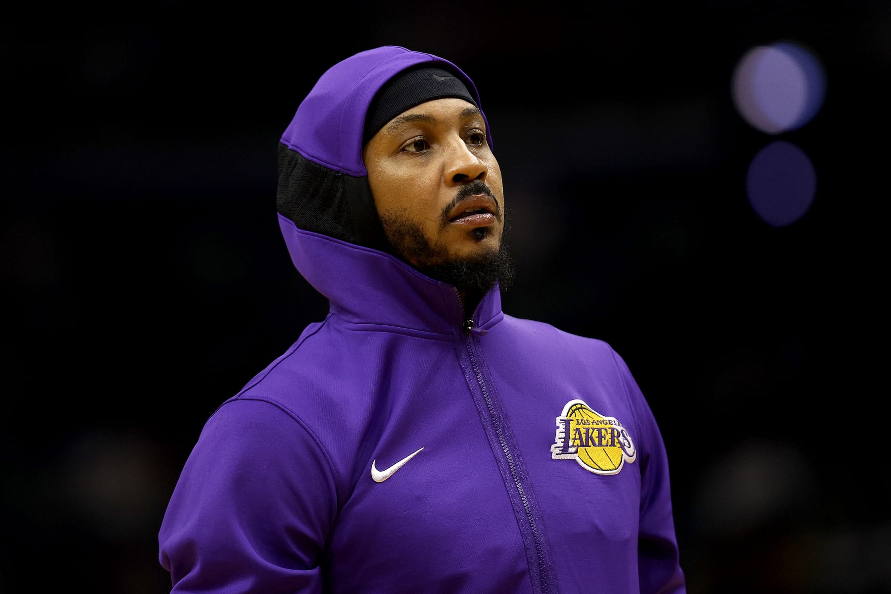NEW ORLEANS, LOUISIANA - MARCH 27: Carmelo Anthony #7 of the Los Angeles Lakers stands on the court prior to the start of an NBA game against the New Orleans Pelicans at Smoothie King Center on March 27, 2022 in New Orleans, Louisiana. NOTE TO USER: User expressly acknowledges and agrees that, by downloading and or using this photograph, User is consenting to the terms and conditions of the Getty Images License Agreement. (Photo by Sean Gardner/Getty Images)