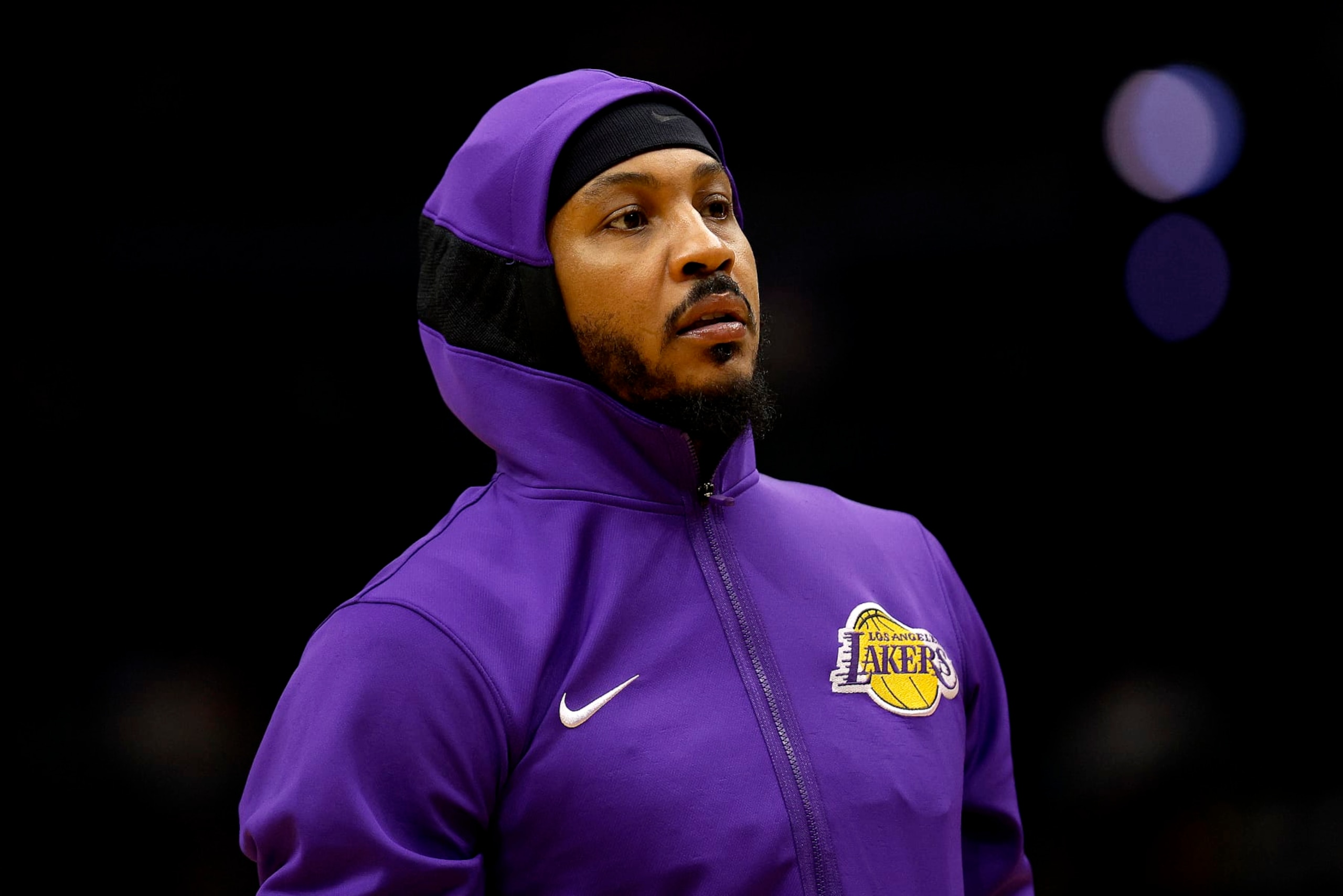 NEW ORLEANS, LOUISIANA - MARCH 27: Carmelo Anthony #7 of the Los Angeles Lakers stands on the court prior to the start of an NBA game against the New Orleans Pelicans at Smoothie King Center on March 27, 2022 in New Orleans, Louisiana. NOTE TO USER: User expressly acknowledges and agrees that, by downloading and or using this photograph, User is consenting to the terms and conditions of the Getty Images License Agreement. (Photo by Sean Gardner/Getty Images)