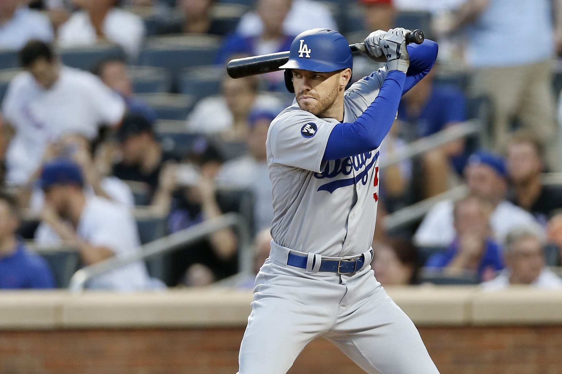 NEW YORK, NEW YORK - AUGUST 31:  Freddie Freeman #5 of the Los Angeles Dodgers in action against the New York Mets at Citi Field on August 31, 2022 in New York City. The Mets defeated the Dodgers 2-1. (Photo by Jim McIsaac/Getty Images)