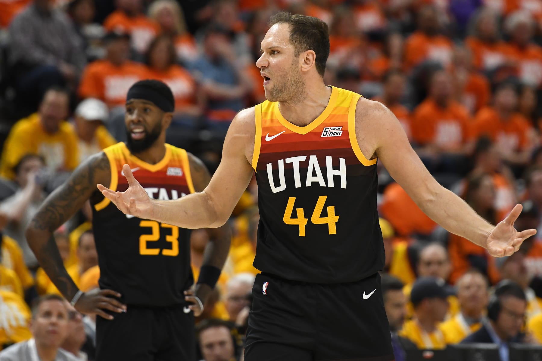 SALT LAKE CITY, UTAH - APRIL 21: Bojan Bogdanovic #44 of the Utah Jazz argues a call during the second half of Game Three of the Western Conference First Round Playoffs against the Dallas Mavericks at Vivint Smart Home Arena on April 21, 2022 in Salt Lake City, Utah. NOTE TO USER: User expressly acknowledges and agrees that, by downloading and/or using this Photograph, user is consenting to the terms and conditions of the Getty Images License Agreement. (Photo by Alex Goodlett/Getty Images)