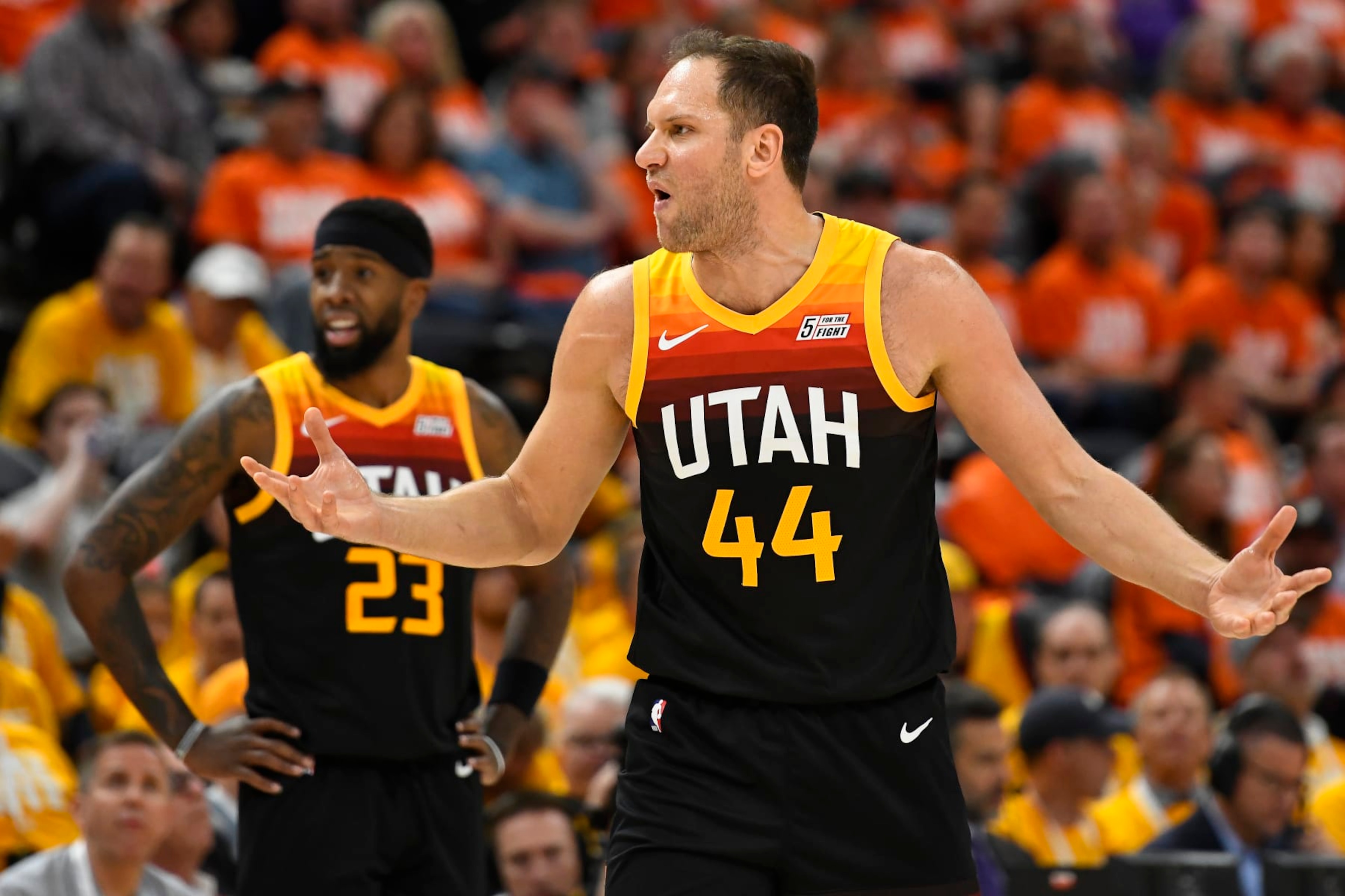 SALT LAKE CITY, UTAH - APRIL 21: Bojan Bogdanovic #44 of the Utah Jazz argues a call during the second half of Game Three of the Western Conference First Round Playoffs against the Dallas Mavericks at Vivint Smart Home Arena on April 21, 2022 in Salt Lake City, Utah. NOTE TO USER: User expressly acknowledges and agrees that, by downloading and/or using this Photograph, user is consenting to the terms and conditions of the Getty Images License Agreement. (Photo by Alex Goodlett/Getty Images)