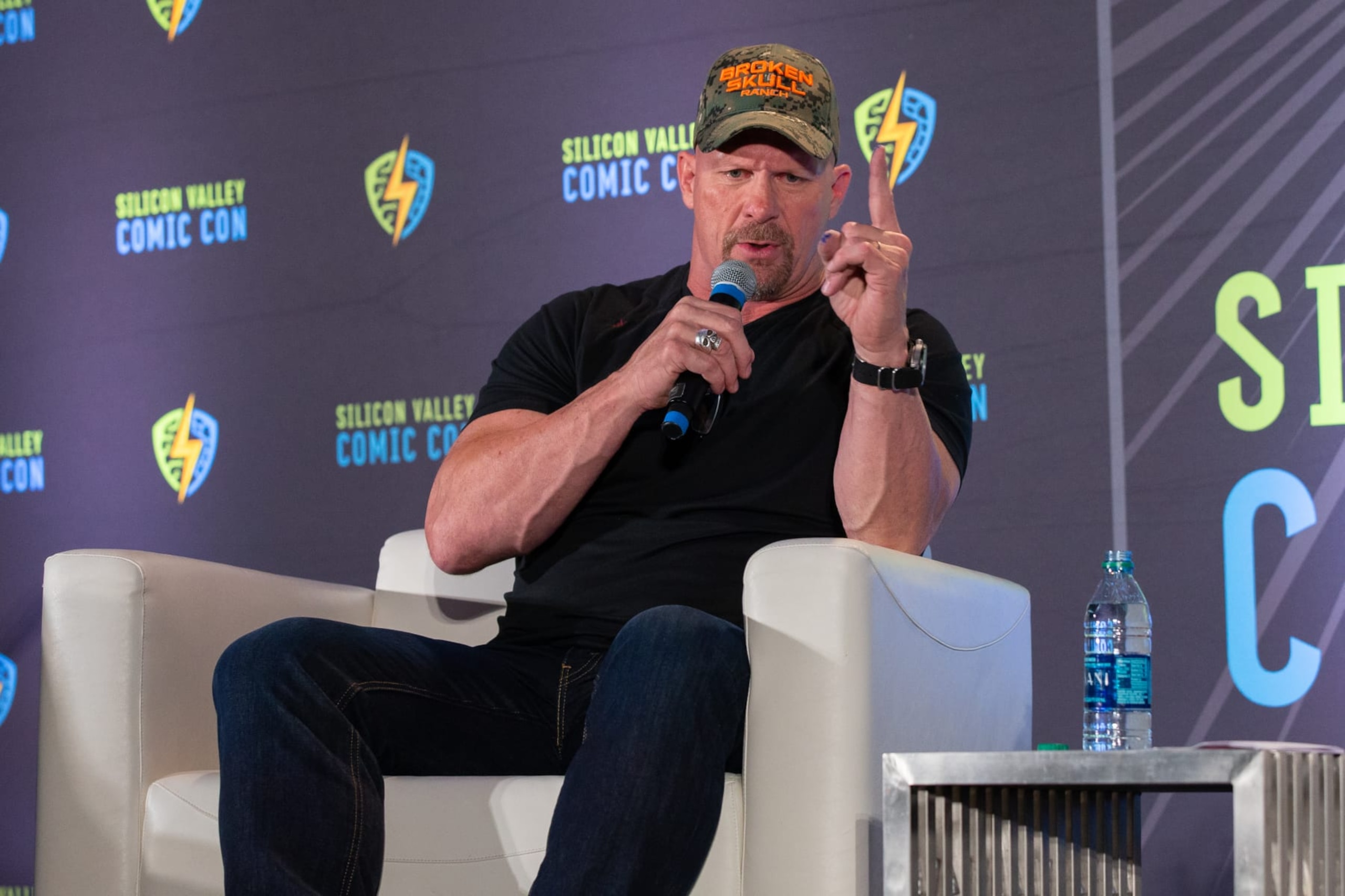 SAN JOSE, CALIFORNIA - AUGUST 17: Actor and WWE personality "Stone Cold" Steve Austin speaks at Silicon Valley Comic Con at the San Jose Convention Center on August 17, 2019 in San Jose, California. (Photo by Bill Watters/Getty Images)
