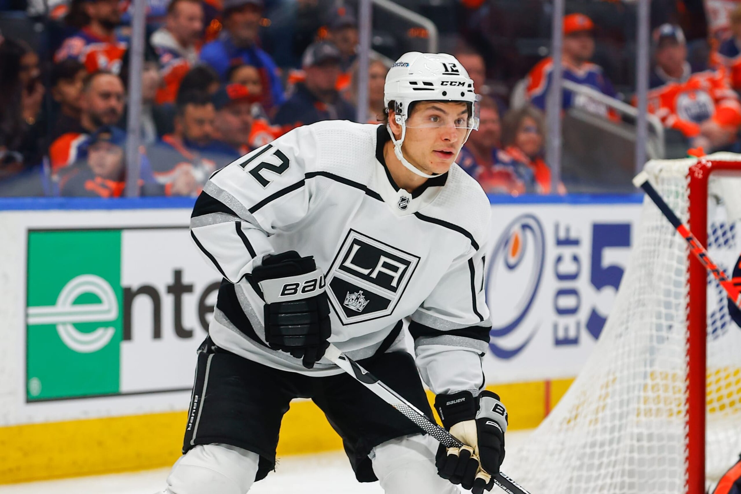 EDMONTON, AB - MAY 02: Los Angeles Kings Winger Trevor Moore (12) in action in the secod period during the Edmonton Oilers versus the Los Angeles Kings Stanley Cup playoffs game 1, in round 1, on May 02, 2022 at Rogers Place in Edmonton, AB. (Photo by Curtis Comeau/Icon Sportswire via Getty Images)