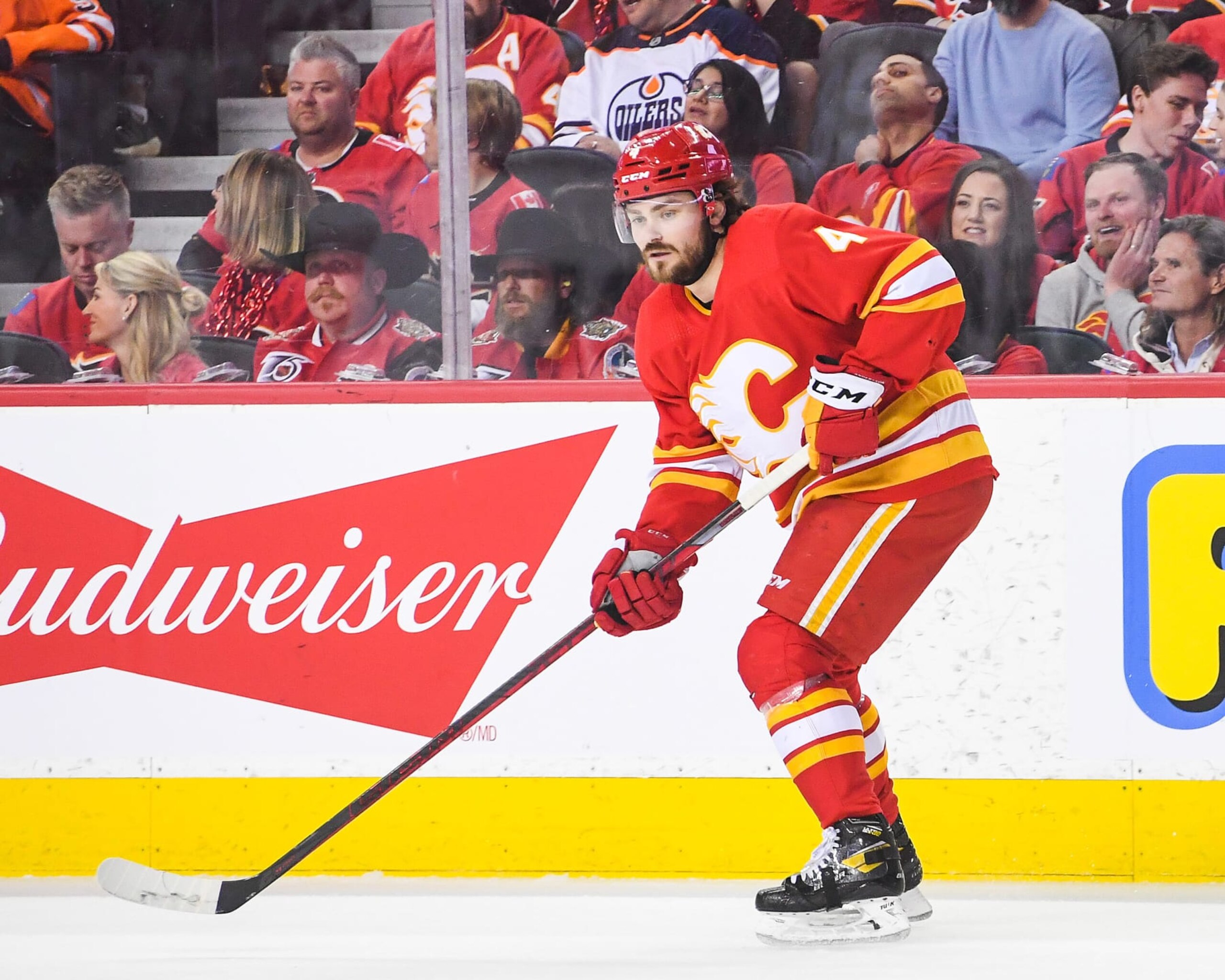 CALGARY, AB - MAY 18: Rasmus Andersson #4 of the Calgary Flames in action against the Edmonton Oilers during Game One of the Second Round of the 2022 Stanley Cup Playoffs at Scotiabank Saddledome on May 18, 2022 in Calgary, Alberta, Canada. (Photo by Derek Leung/Getty Images)