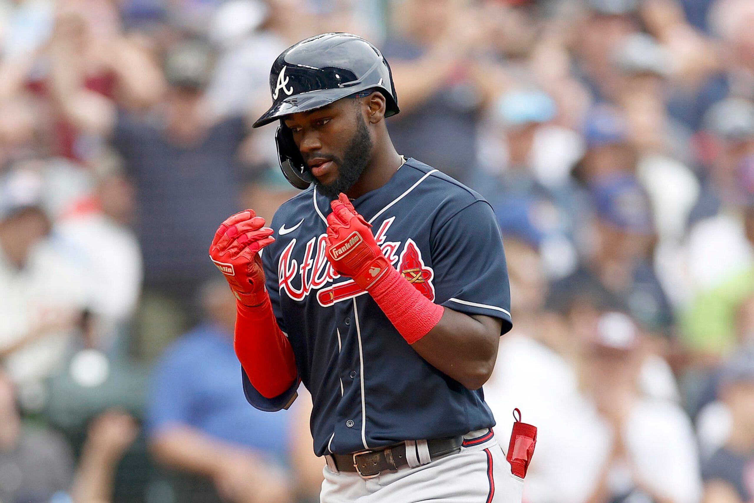 SEATTLE, WASHINGTON - SEPTEMBER 11: Michael Harris II #23 of the Atlanta Braves celebrates his home run during the eighth inning against the Seattle Mariners at T-Mobile Park on September 11, 2022 in Seattle, Washington. (Photo by Steph Chambers/Getty Images)