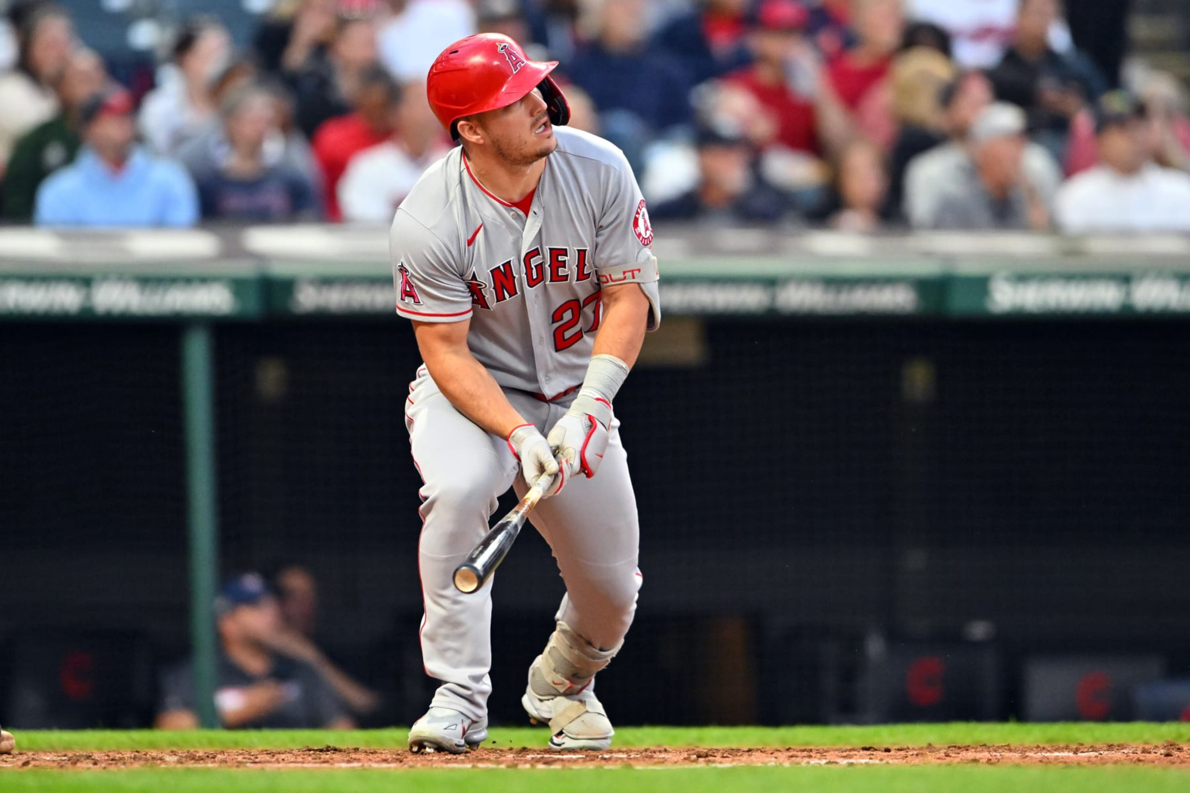 CLEVELAND, OHIO - SEPTEMBER 12: Mike Trout #27 of the Los Angeles Angels hits a two-run homer during the fifth inning against the Cleveland Guardians at Progressive Field on September 12, 2022 in Cleveland, Ohio. (Photo by Jason Miller/Getty Images) CLEVELAND, OHIO - SEPTEMBER 12: Mike Trout #27 of the Los Angeles Angels hits a two-run homer during the fifth inning against the Cleveland Guardians at Progressive Field on September 12, 2022 in Cleveland, Ohio. (Photo by Jason Miller/Getty Images)