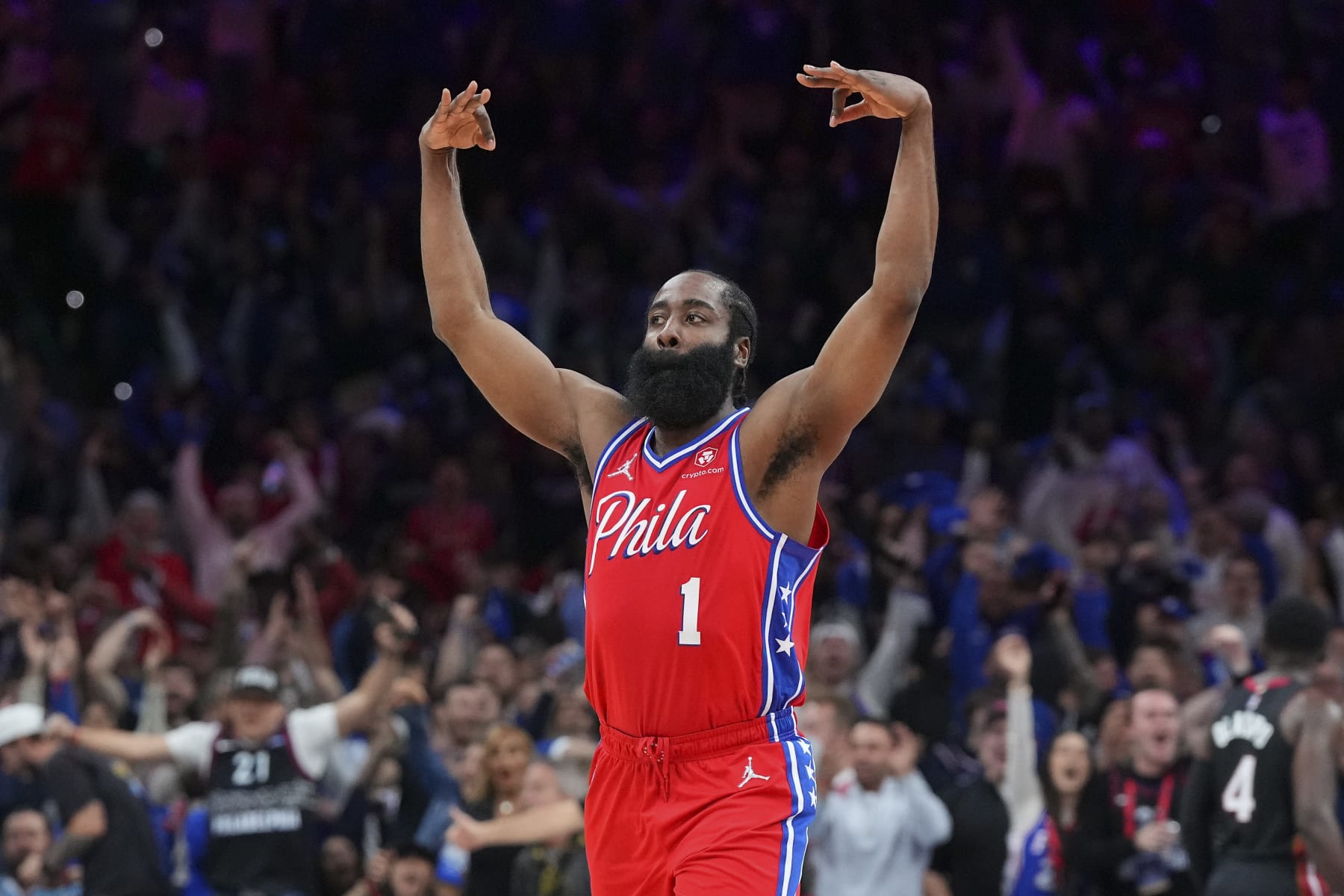 PHILADELPHIA, PA - MAY 08: James Harden #1 of the Philadelphia 76ers reacts against the Miami Heat during Game Four of the 2022 NBA Playoffs Eastern Conference Semifinals at the Wells Fargo Center on May 8, 2022 in Philadelphia, Pennsylvania. The 76ers defeated the Heat 116-108. NOTE TO USER: User expressly acknowledges and agrees that, by downloading and or using this photograph, User is consenting to the terms and conditions of the Getty Images License Agreement. (Photo by Mitchell Leff/Getty Images)