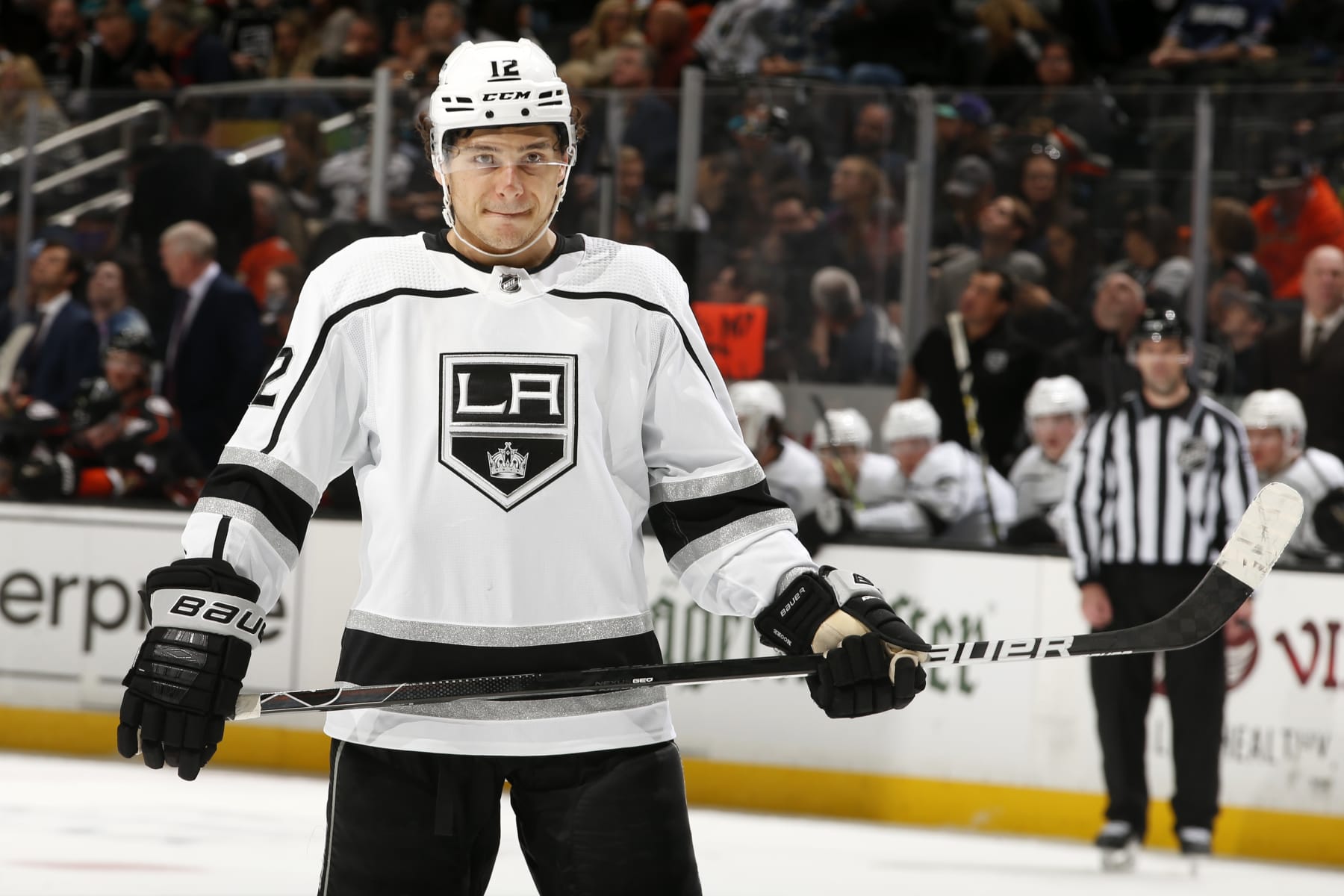 ANAHEIM, CA - APRIL 19: Trevor Moore #12 of the Los Angeles Kings skates during the game against the Anaheim Ducks at Honda Center on April 19, 2022 in Anaheim, California. (Photo by Debora Robinson/NHLI via Getty Images)
