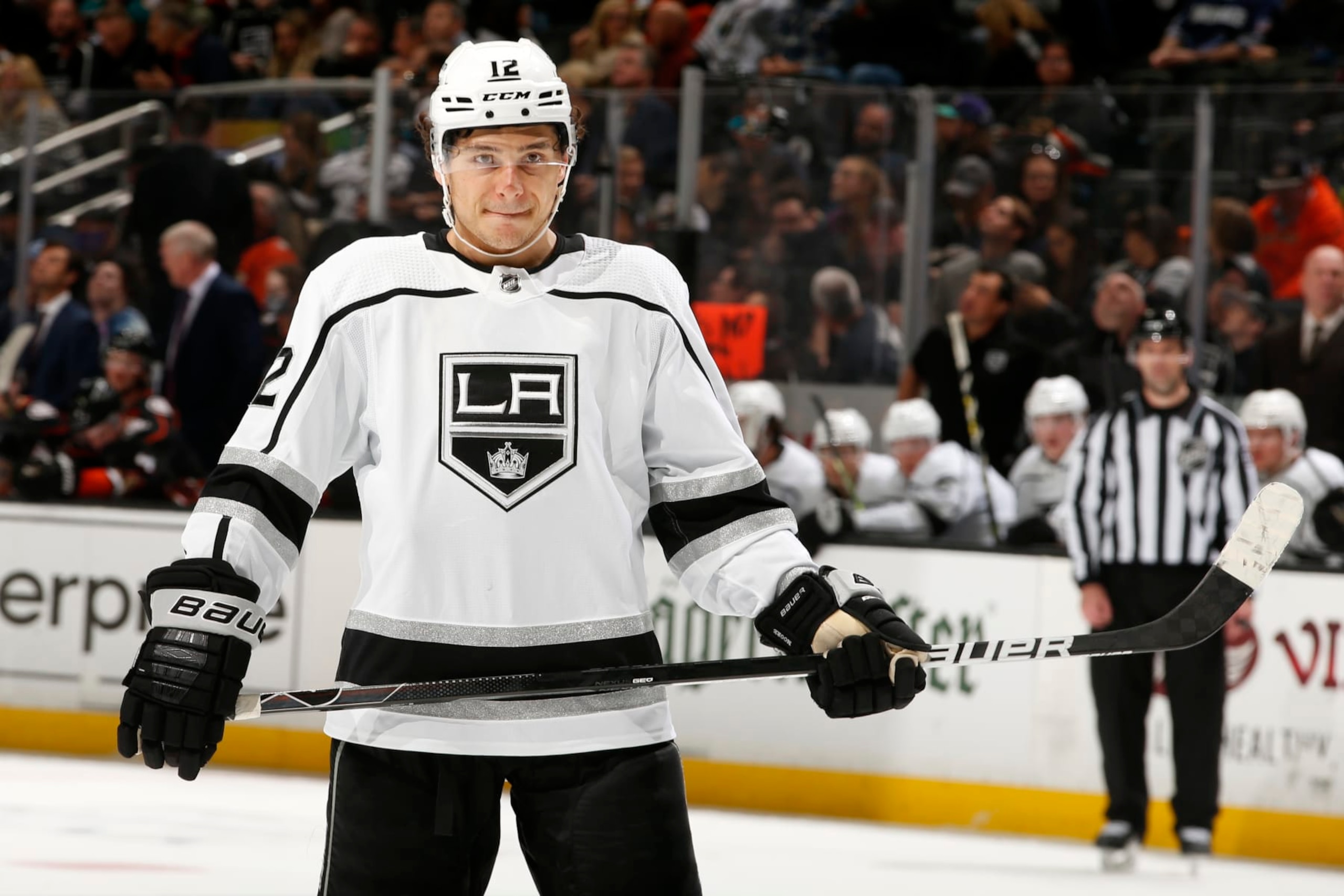 ANAHEIM, CA - APRIL 19: Trevor Moore #12 of the Los Angeles Kings skates during the game against the Anaheim Ducks at Honda Center on April 19, 2022 in Anaheim, California. (Photo by Debora Robinson/NHLI via Getty Images)