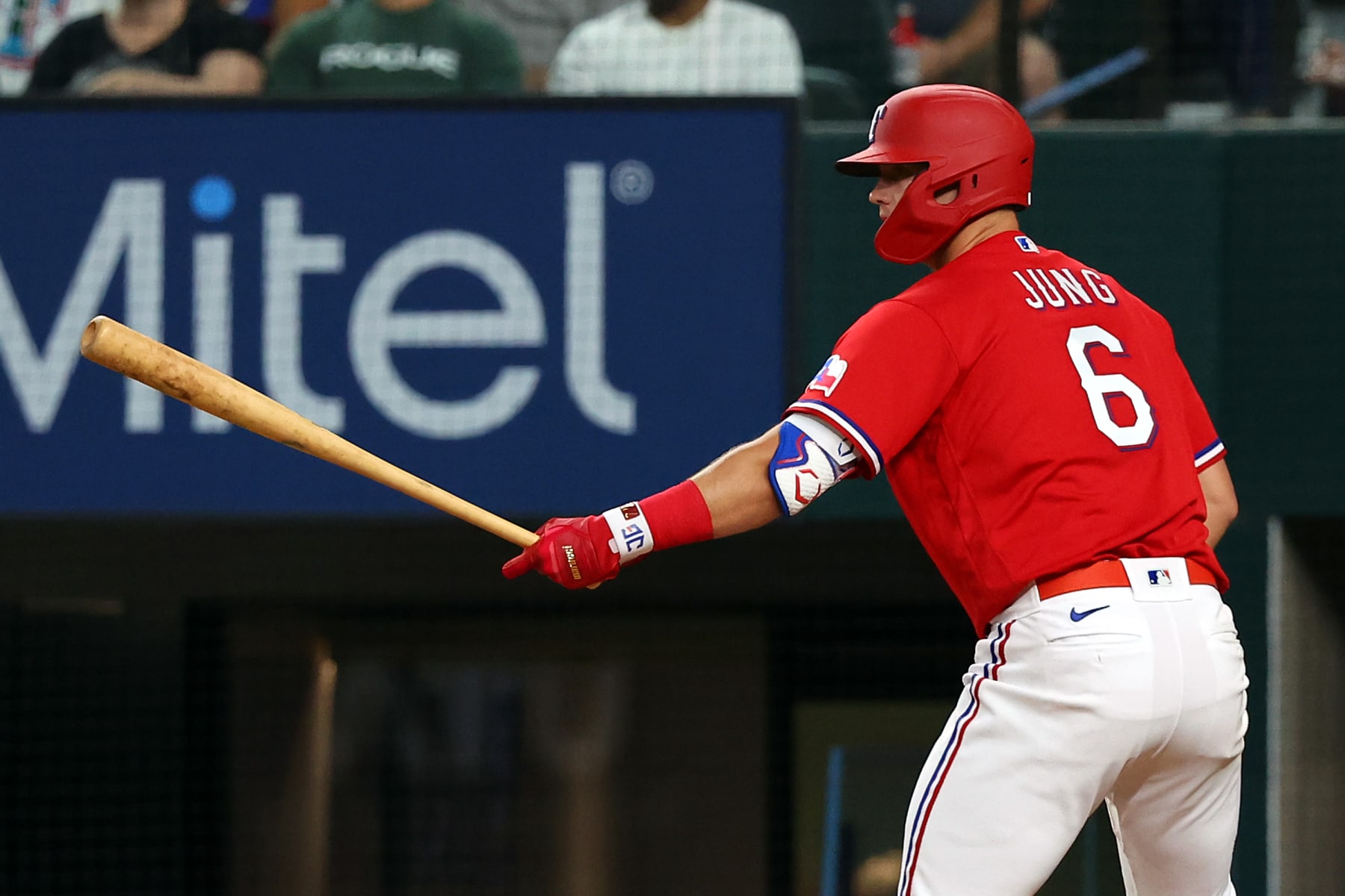 ARLINGTON, TEXAS - SEPTEMBER 09: Josh Jung #6 of the Texas Rangers bats in the seventh inning against the Toronto Blue Jays at Globe Life Field on September 09, 2022 in Arlington, Texas. (Photo by Richard Rodriguez/Getty Images)