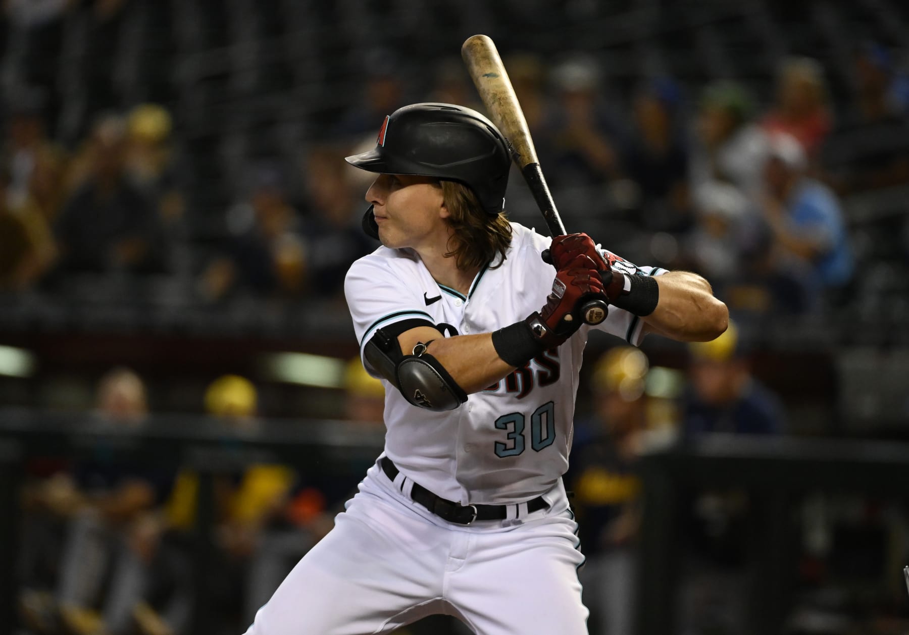 PHOENIX, ARIZONA - SEPTEMBER 01: Jake McCarthy #30 of the Arizona Diamondbacks gets ready in the batters box against the Milwaukee Brewers at Chase Field on September 01, 2022 in Phoenix, Arizona. (Photo by Norm Hall/Getty Images)