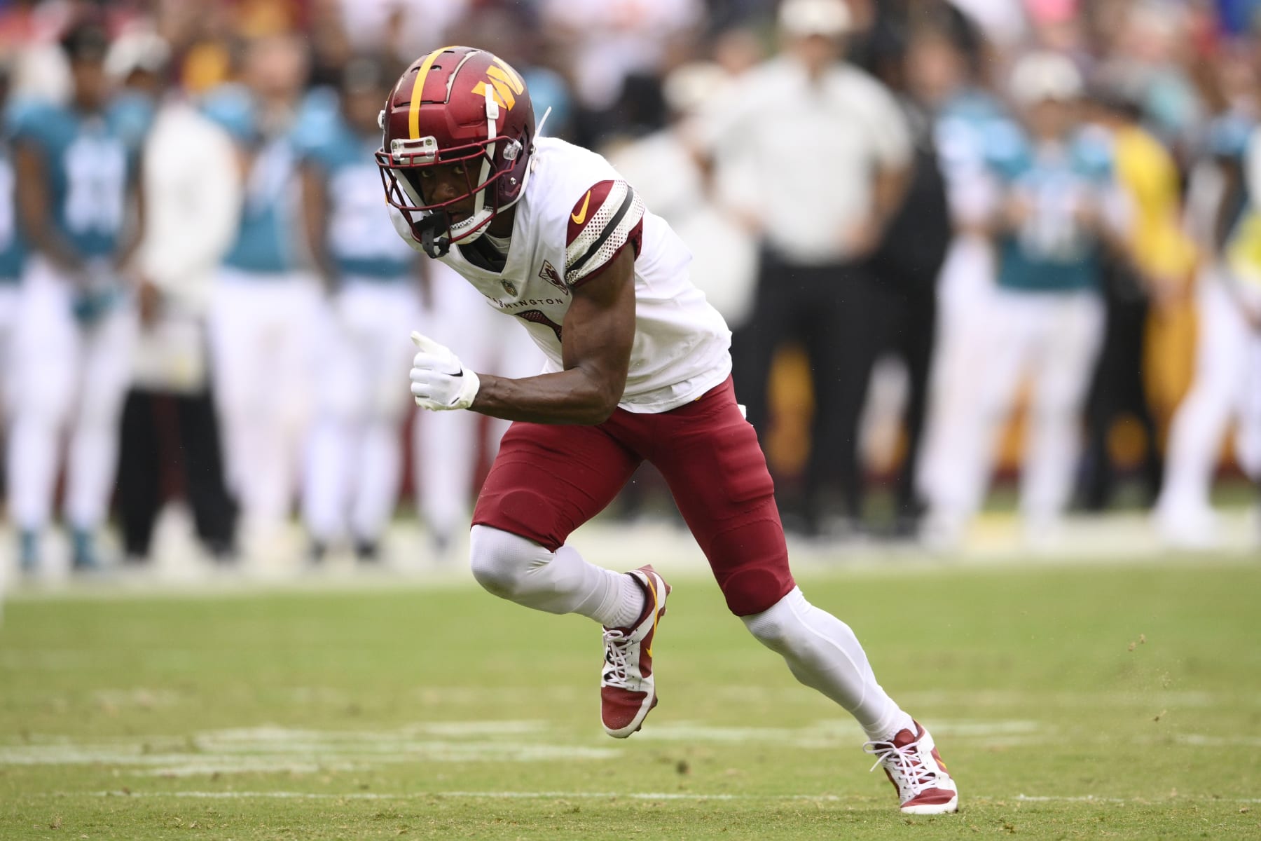Washington Commanders wide receiver Jahan Dotson (1) in action during the first half of a NFL football game against the Jacksonville Jaguars, Sunday, Sept. 11, 2022, in Landover, Md. (AP Photo/Nick Wass)