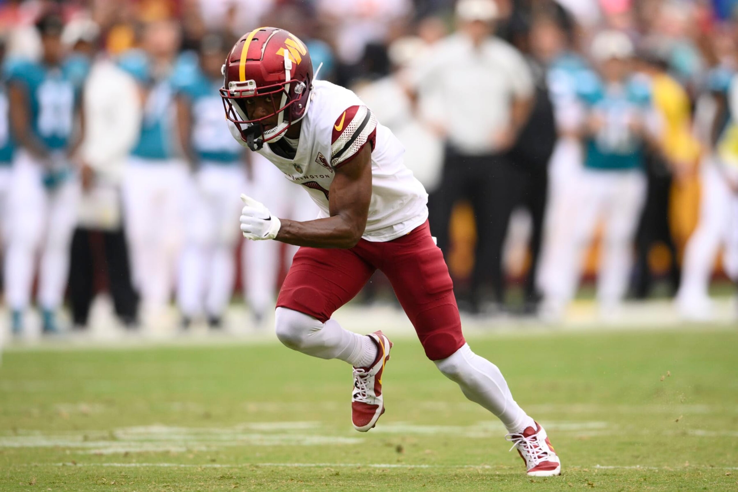 Washington Commanders wide receiver Jahan Dotson (1) in action during the first half of a NFL football game against the Jacksonville Jaguars, Sunday, Sept. 11, 2022, in Landover, Md. (AP Photo/Nick Wass)