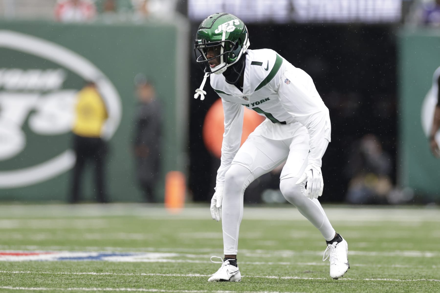 New York Jets cornerback Sauce Gardner (1) during the first half of an NFL football game against the Baltimore Ravens Sunday, Sept. 11, 2022, in East Rutherford, N.J. (AP Photo/Adam Hunger)