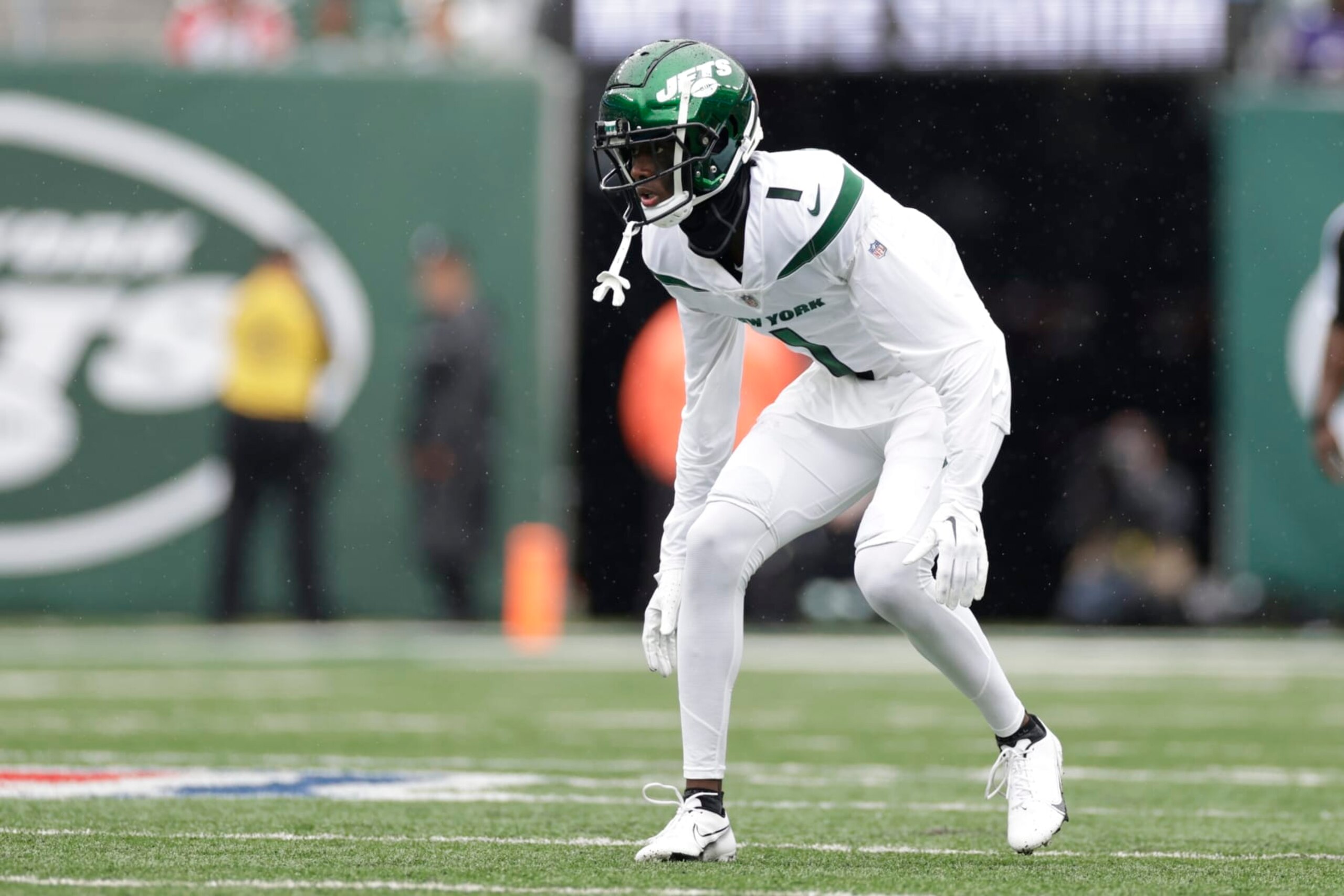 New York Jets cornerback Sauce Gardner (1) during the first half of an NFL football game against the Baltimore Ravens Sunday, Sept. 11, 2022, in East Rutherford, N.J. (AP Photo/Adam Hunger)