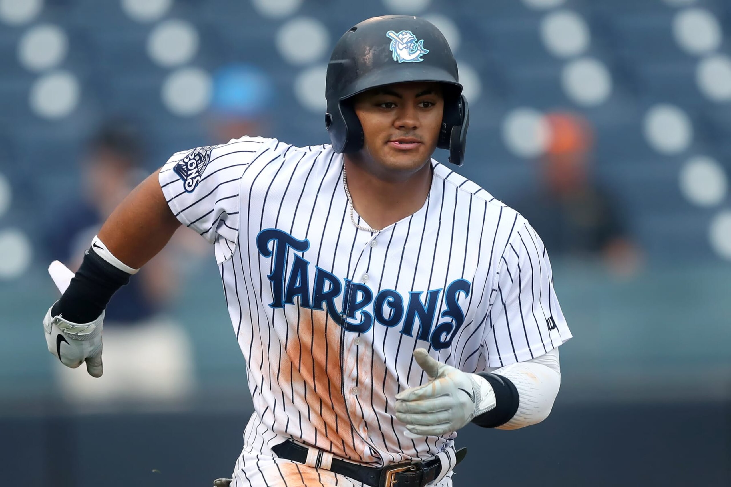 TAMPA, FL - JULY 14: Jasson Dominguez (20) of the Tarpons hustles to first base during the Low-A SouthEast League regular season game between the Lakeland Flying Tigers and the Tampa Tarpons on July 14, 2021 at George M. Steinbrenner Field in Tampa, FL. (Photo by Cliff Welch/Icon Sportswire via Getty Images)