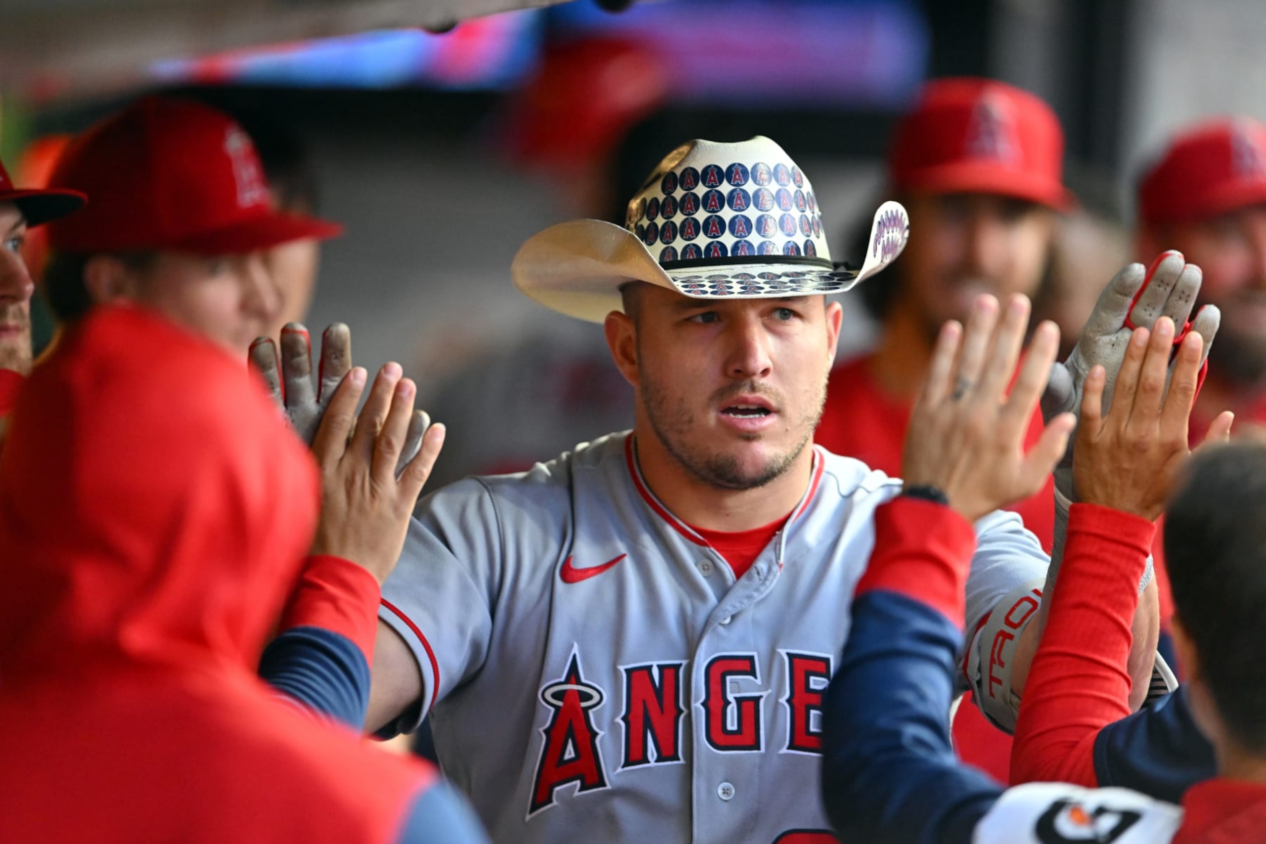 CLEVELAND, OHIO - SEPTEMBER 12: Mike Trout #27 of the Los Angeles Angels celebrates his two-run home run in the fifth inning against the Cleveland Guardians at Progressive Field on September 12, 2022 in Cleveland, Ohio. (Photo by Jason Miller/Getty Images) CLEVELAND, OHIO - SEPTEMBER 12: Mike Trout #27 of the Los Angeles Angels celebrates his two-run home run in the fifth inning against the Cleveland Guardians at Progressive Field on September 12, 2022 in Cleveland, Ohio. (Photo by Jason Miller/Getty Images)